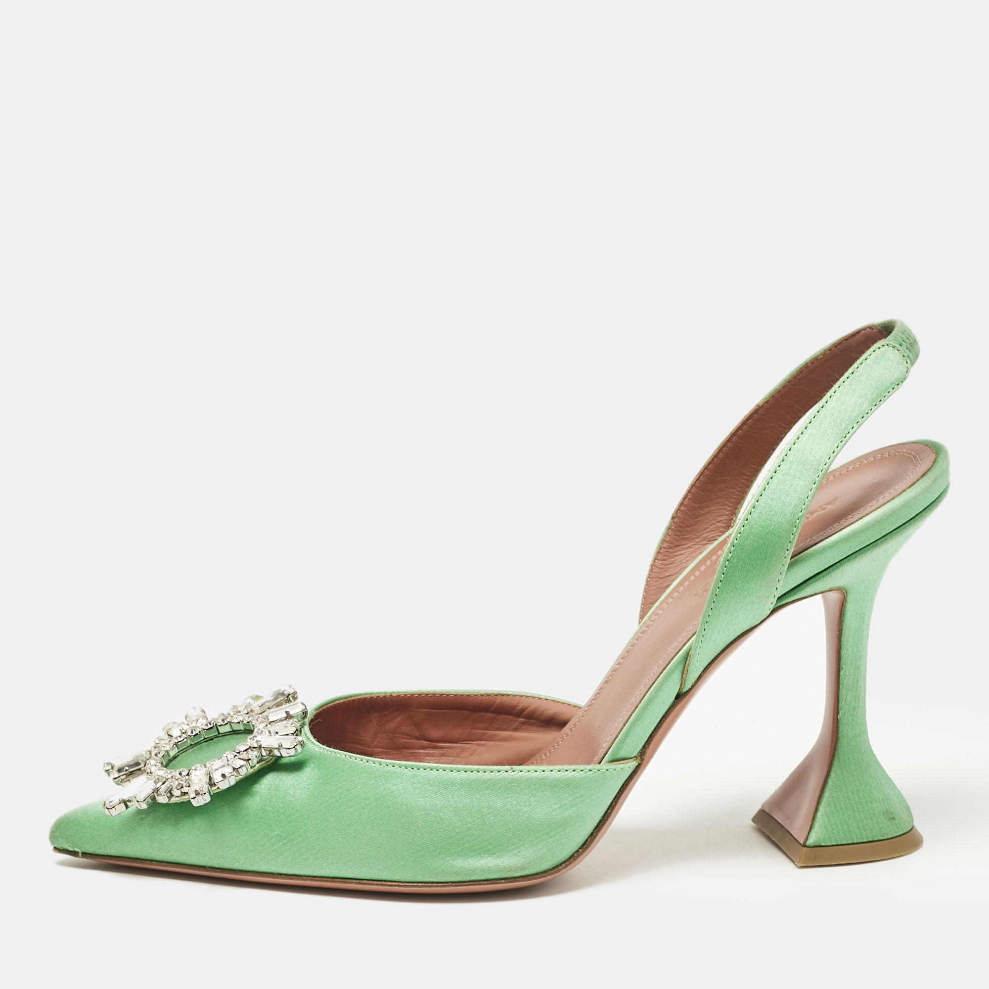 

Amina Muaddi Green Satin Begum Slingback Pumps Size