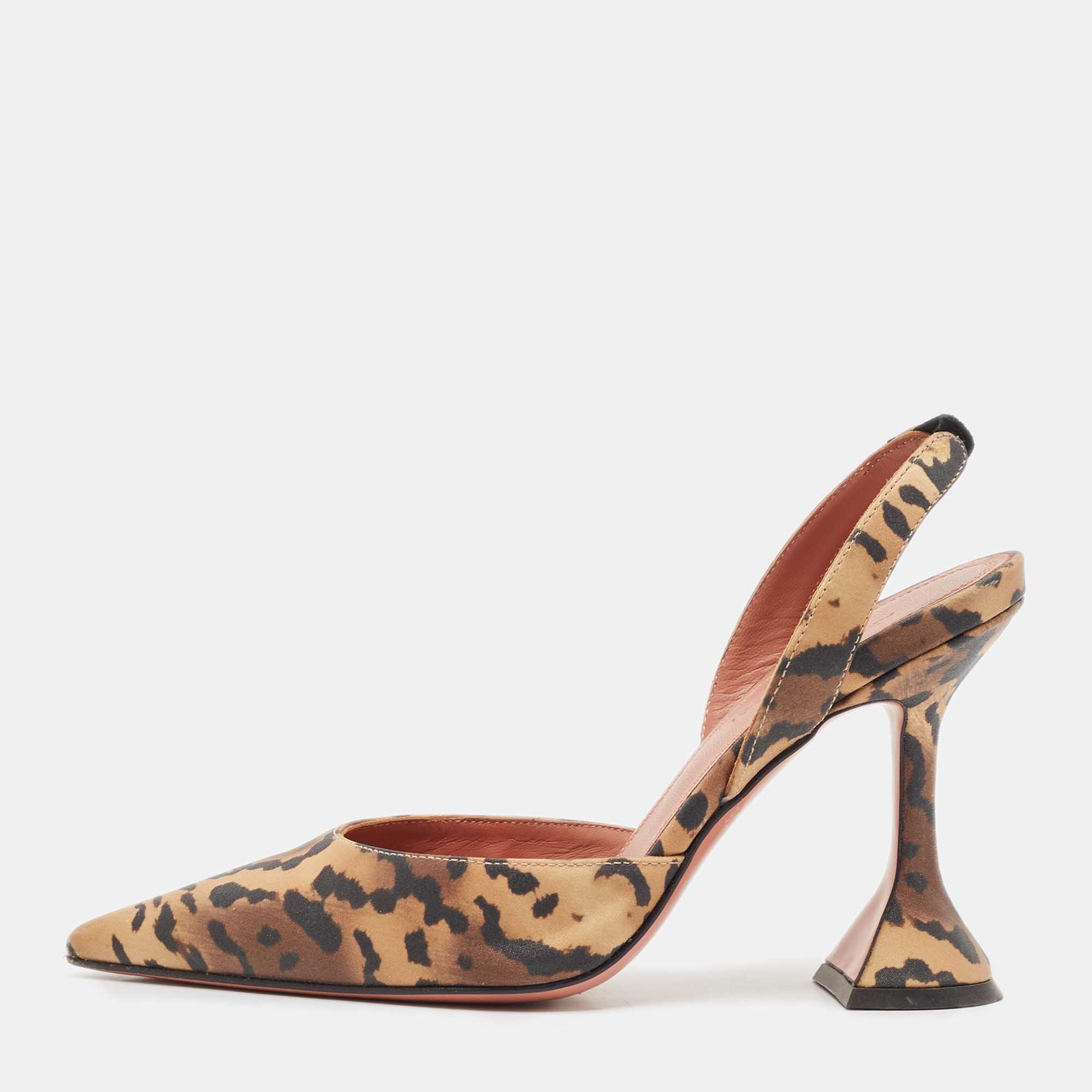 

Amina Muaddi Brown Leopard Print Satin Holli Slingback Pumps Size