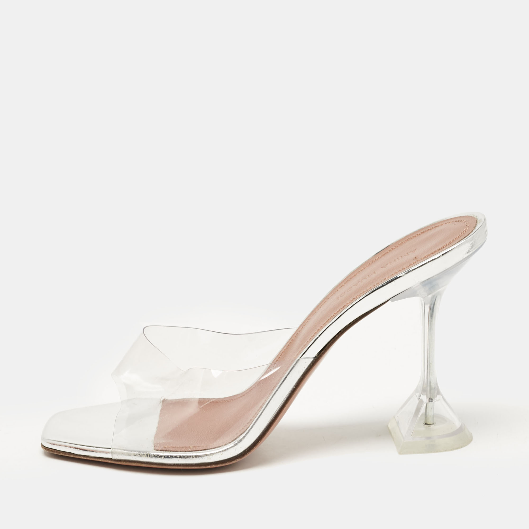 

Amina Muaddi Silver PVC and Patent Leather Lupita Glass Sandals Size