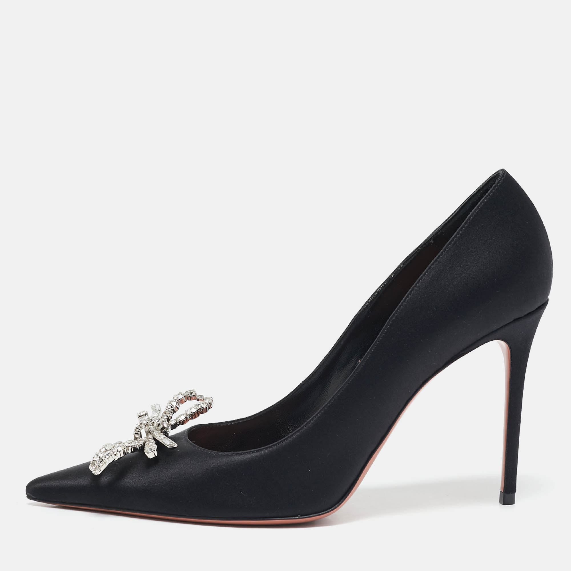 

Amina Muaddi Black Satin Crystal Embellished Rosie Pumps Size