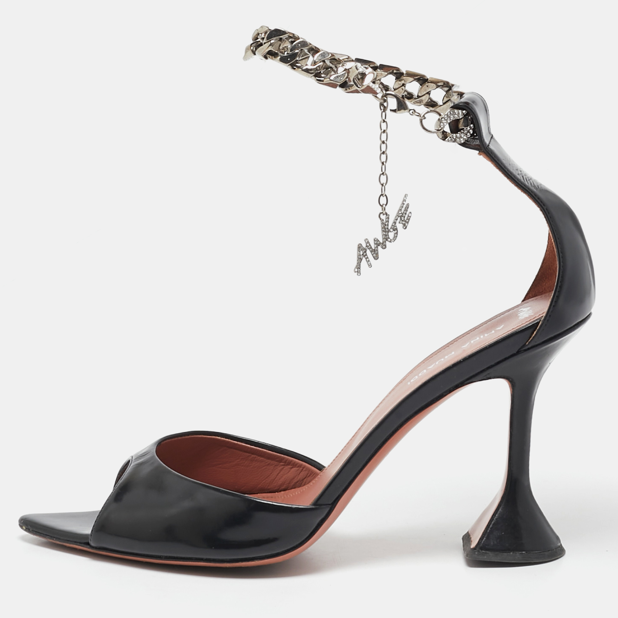

Amina Muaddi Black Leather Flacko Peep Toe Ankle Strap Sandals Size