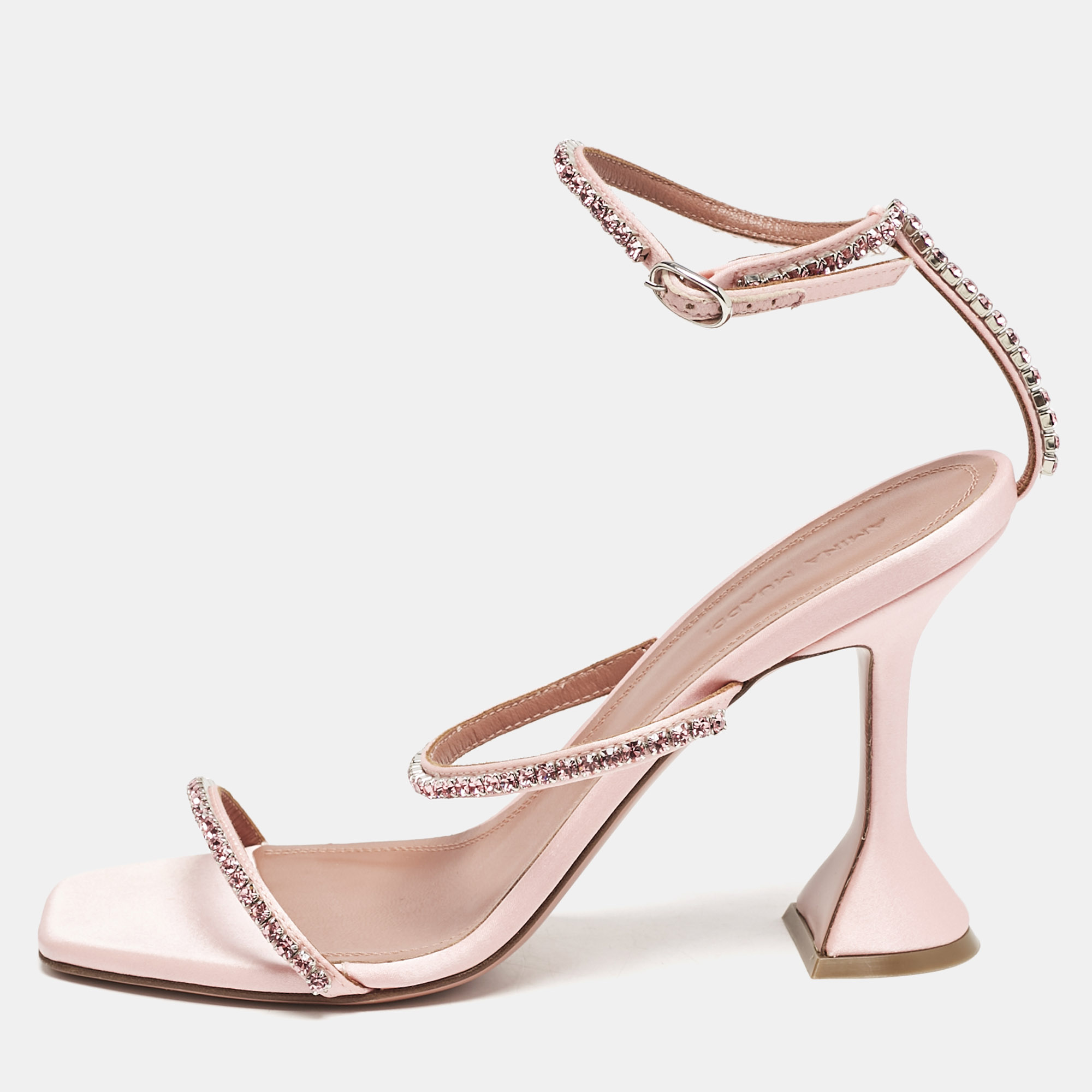 

Amina Muaddi Pink Satin Crystal Embellished Glida Sandals Size
