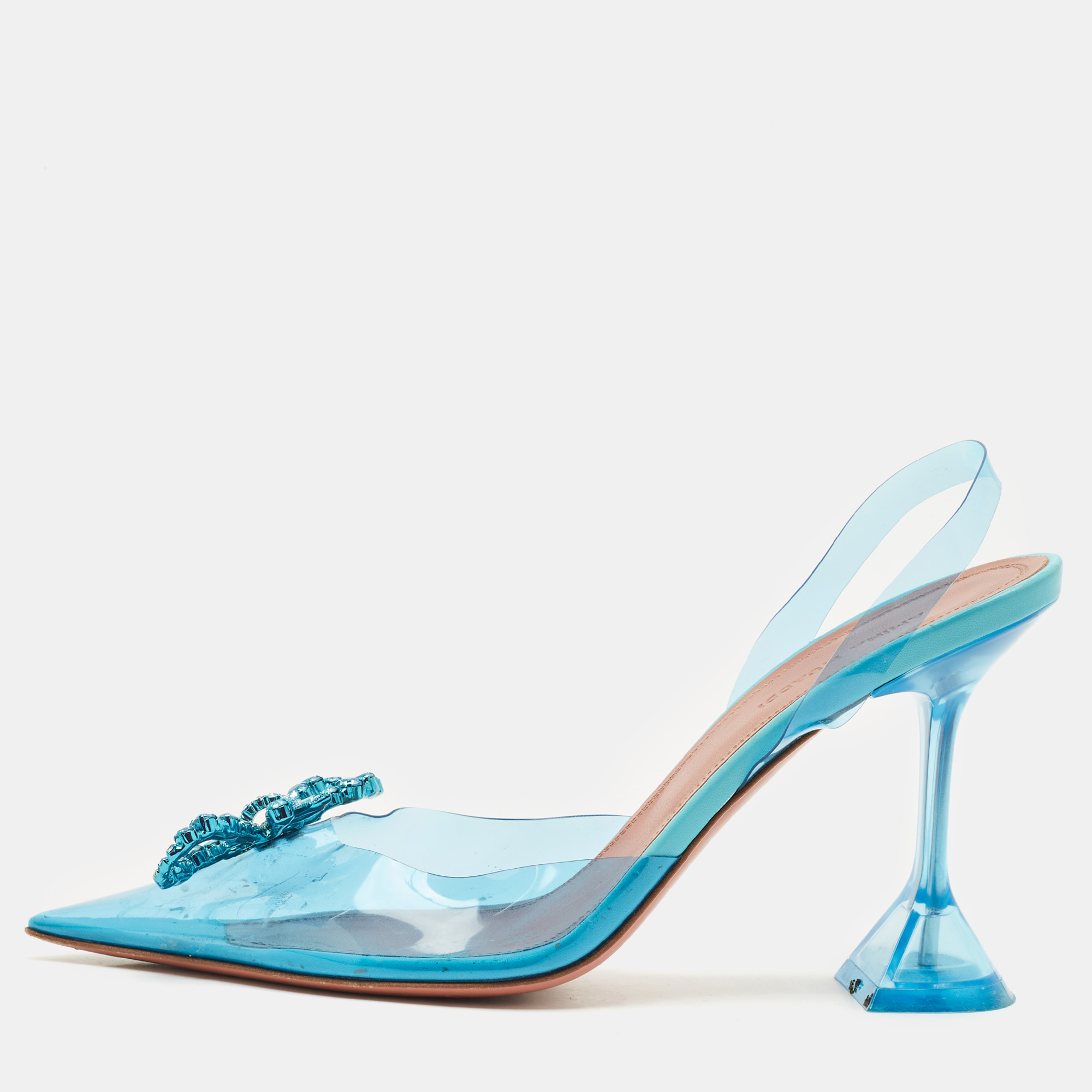 

Amina Muaddi Blue PVC Crystal Embellished Rosie Slingback Pumps Size