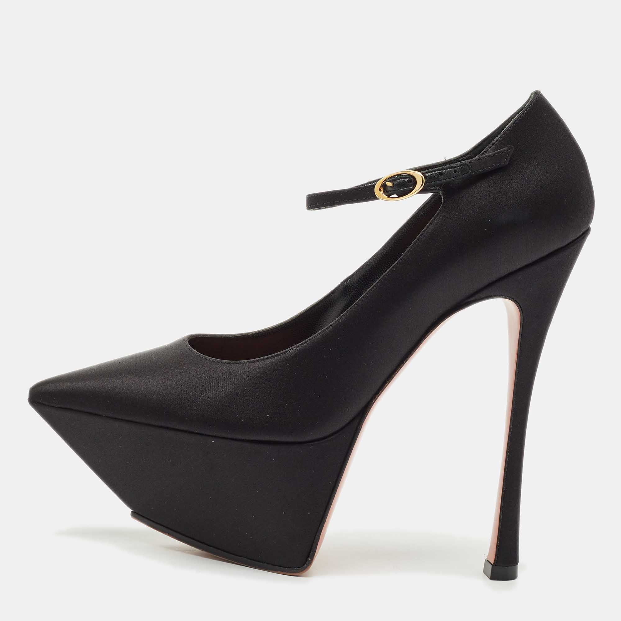 

Amina Muaddi Black Satin Angelica Ankle Strap Platform Pumps Size