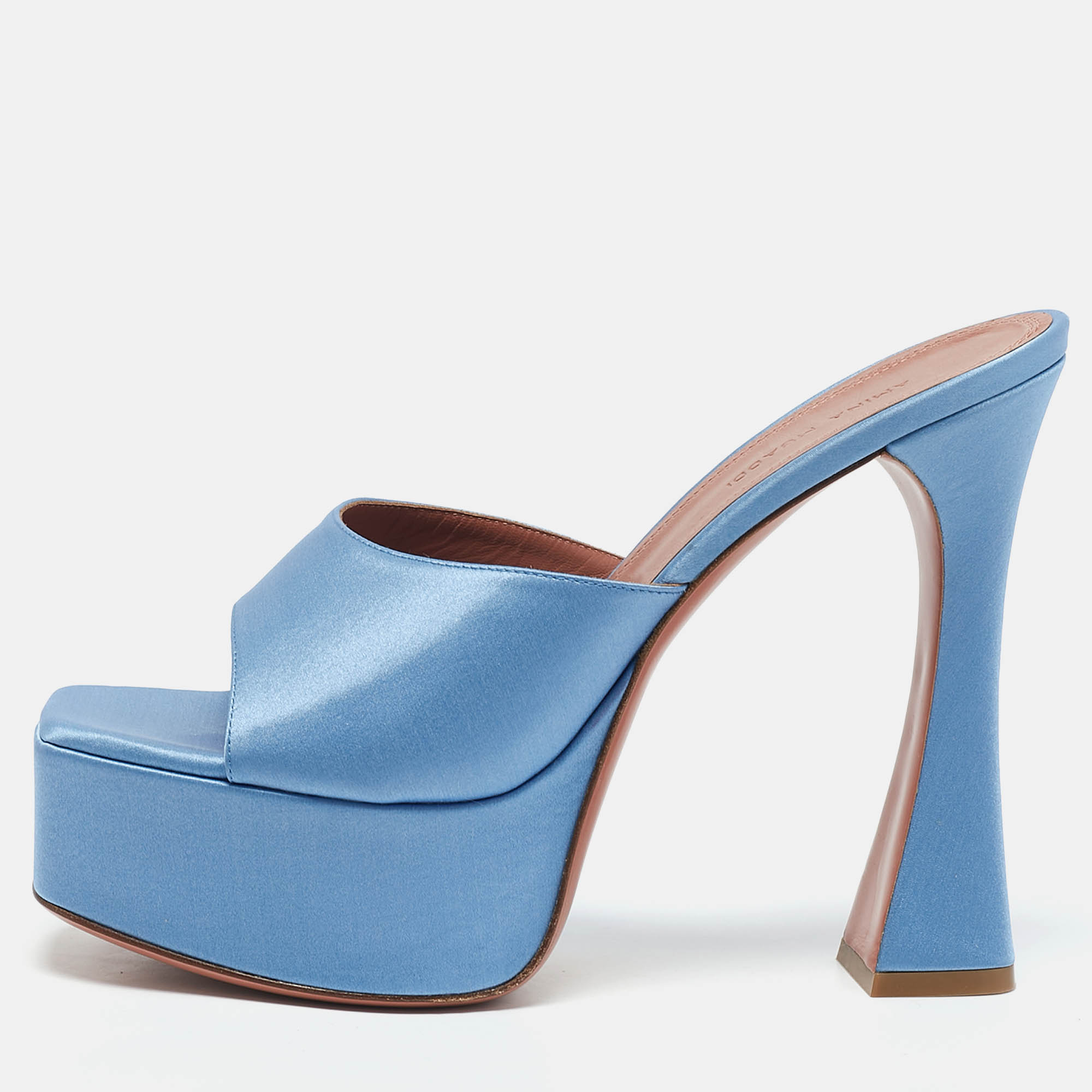 

Amina Muaddi Blue Satin Dalida Platform Slide Sandals Size