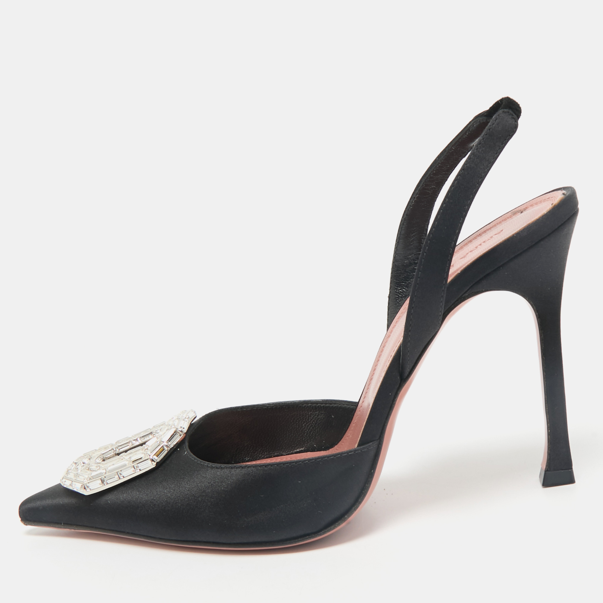 

Amina Muaddi Black Satin Camelia Slingback Pumps Size