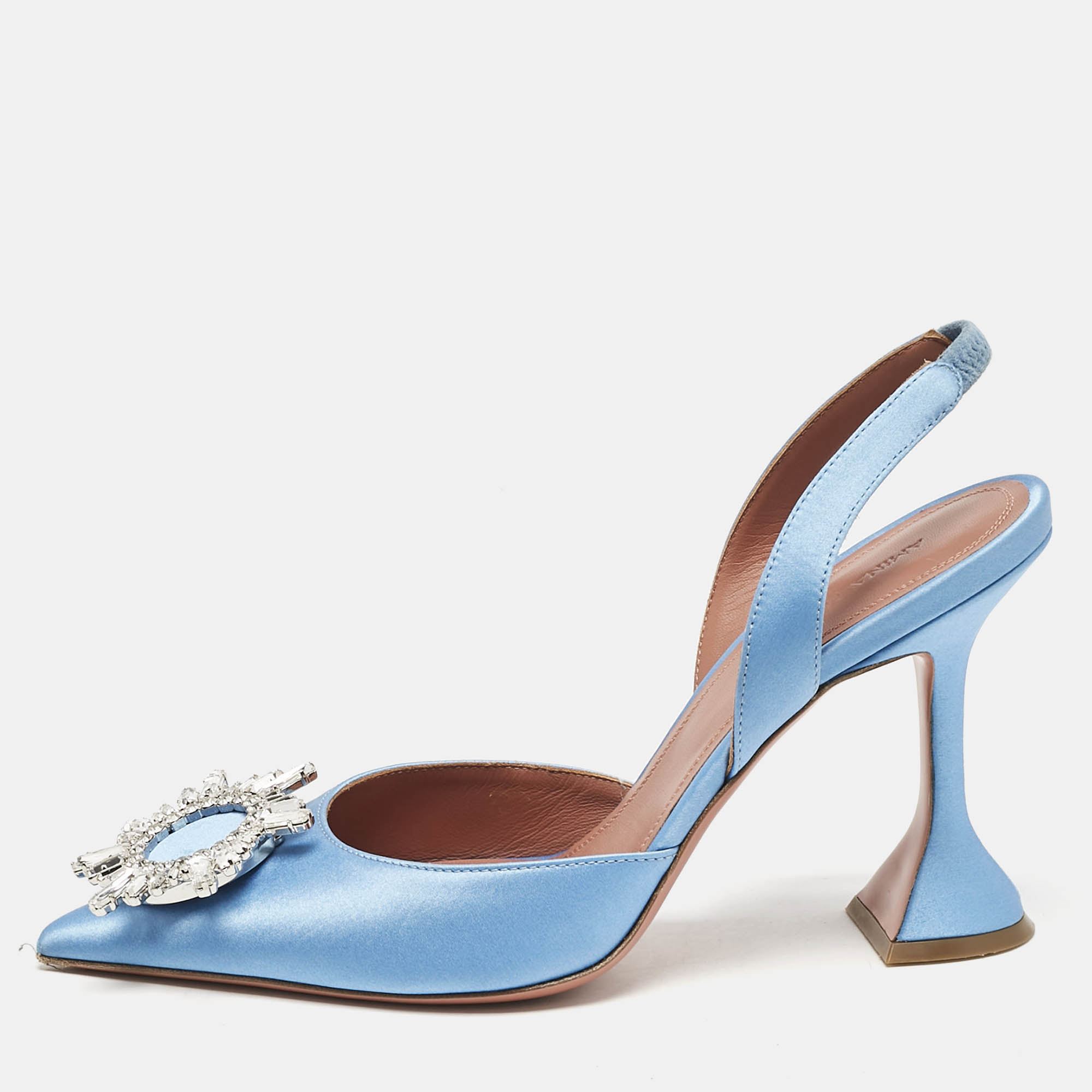 Pre-owned Amina Muaddi Blue Satin Begum Embellished Slingback Pumps Size 38