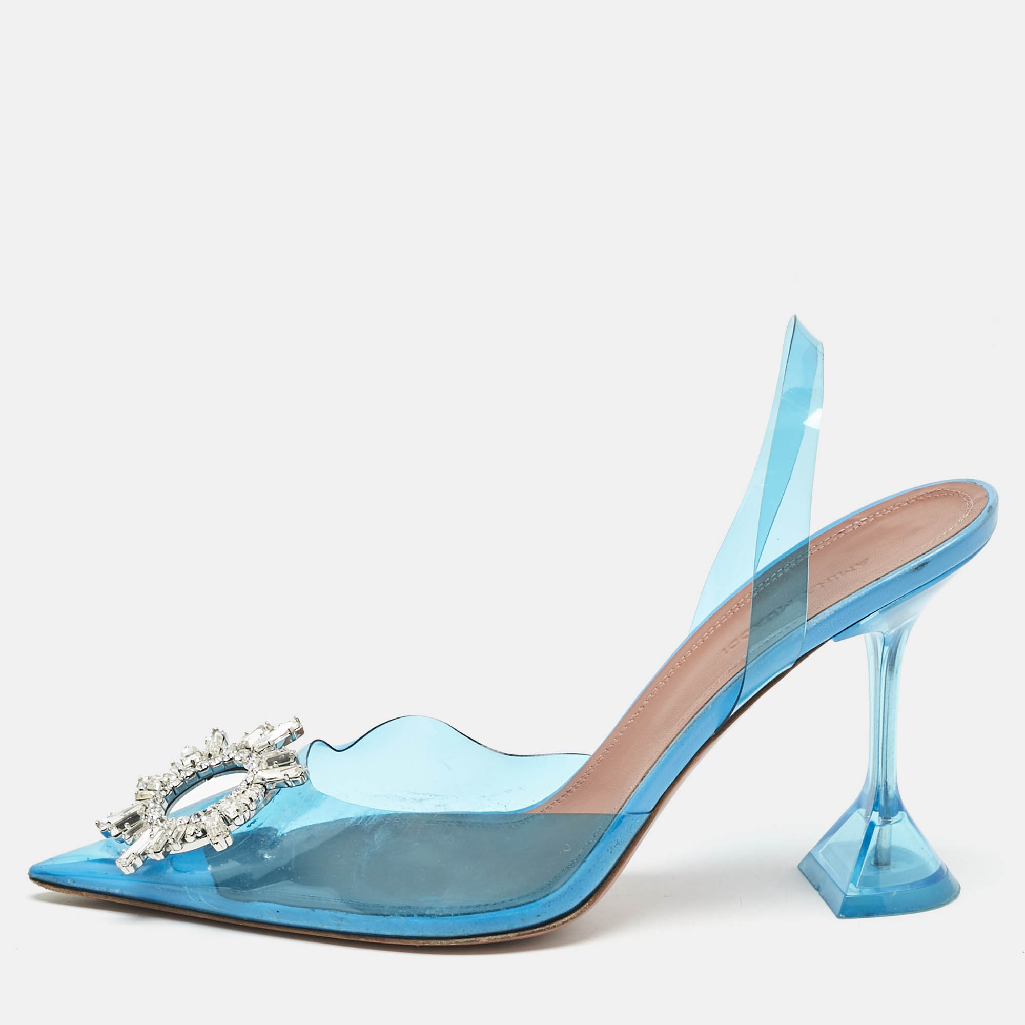 

Amina Muaddi Blue PVC Begum Crystal Embellished Slingback Pumps Size