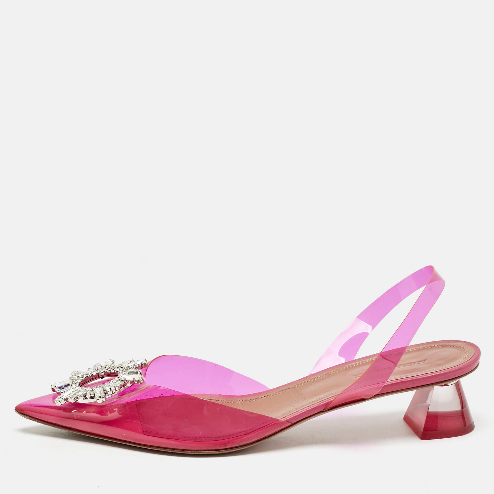 

Amina Muaddi Pink PVC Begum Crystal Embellished Slingback Pumps Size