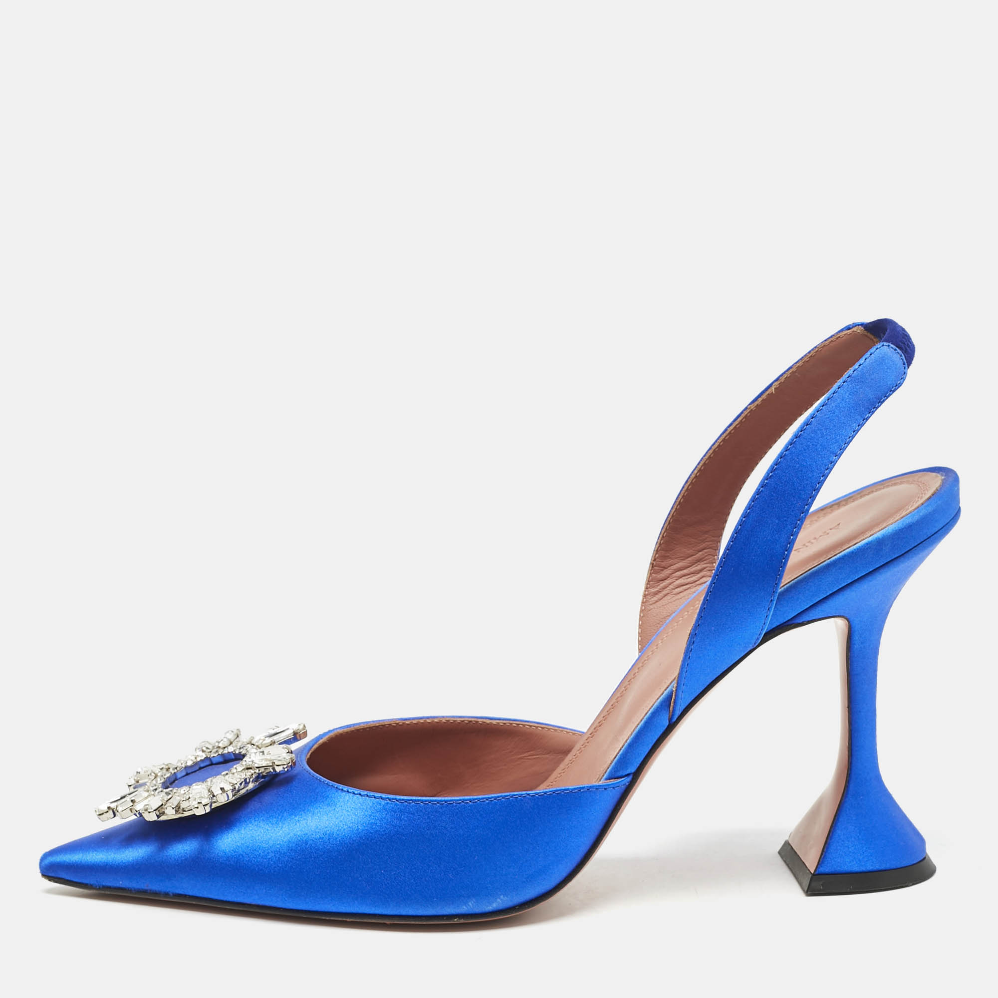 

Amina Muaddi Blue Satin Begum Crystal Embellished Slingback Pumps Size