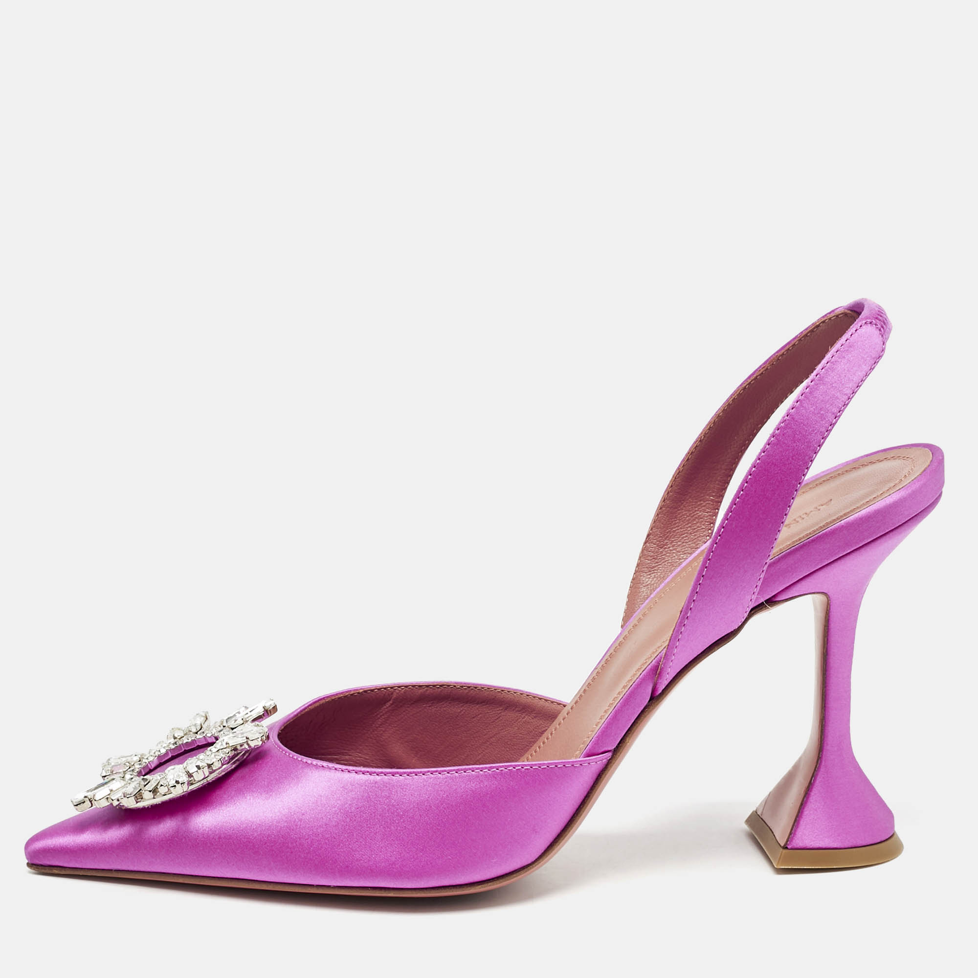 

Amina Muaddi Pink Satin Begum Crystal Embellished Slingback Pumps Size