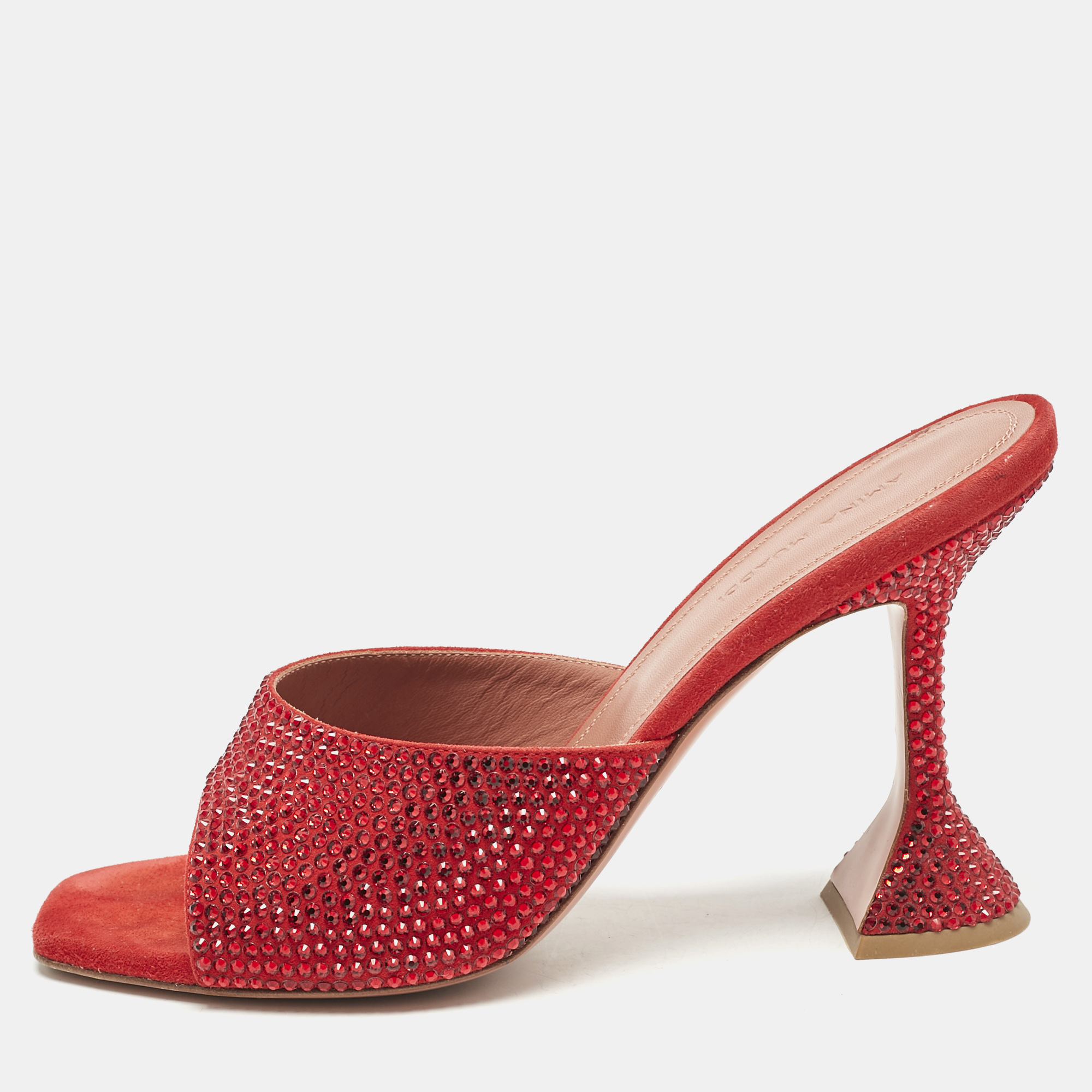 

Amina Muaddi Red Suede Lupita Crystals Slide Sandals Size