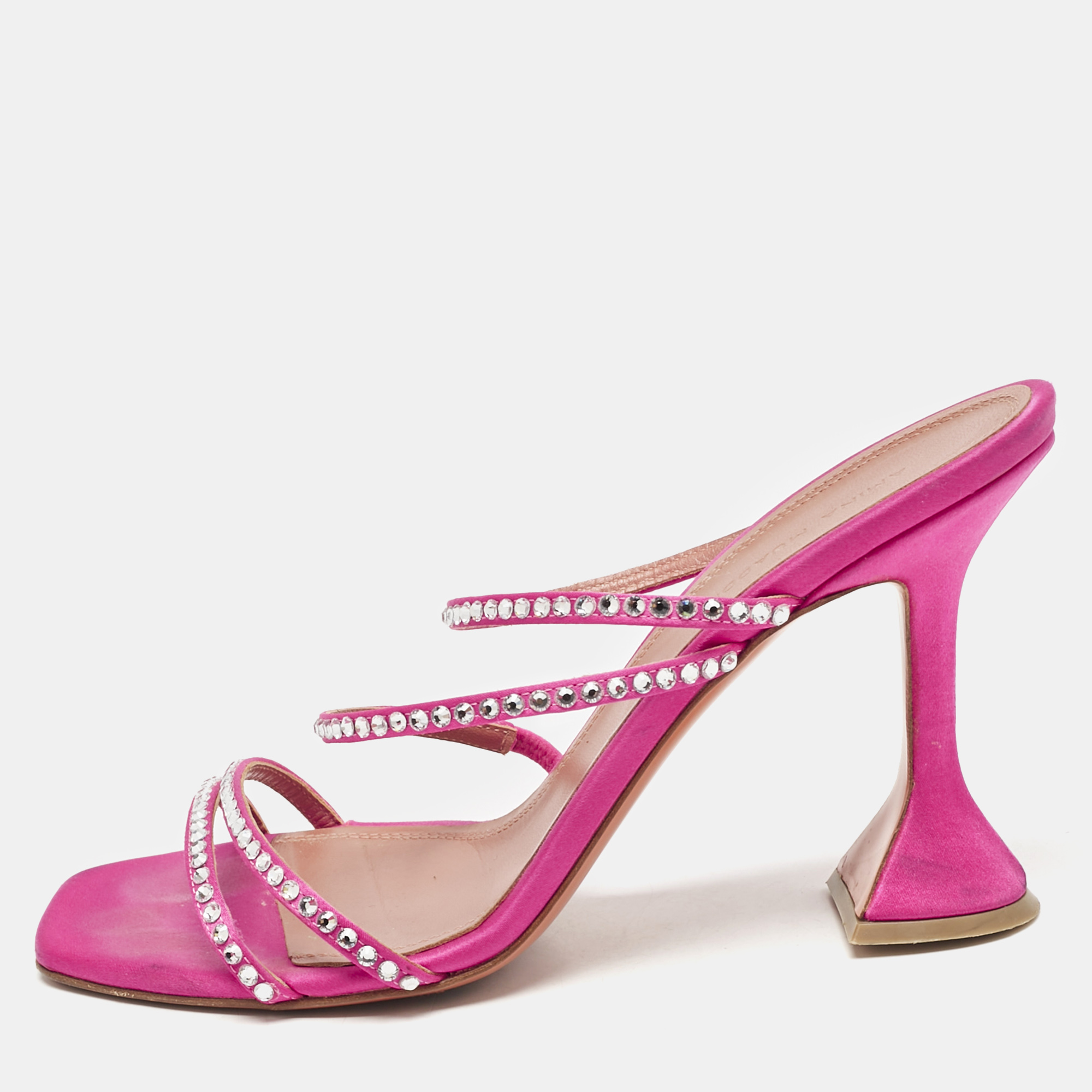 

Amina Muaddi Pink Satin Naima Crystals Slide Sandals Size