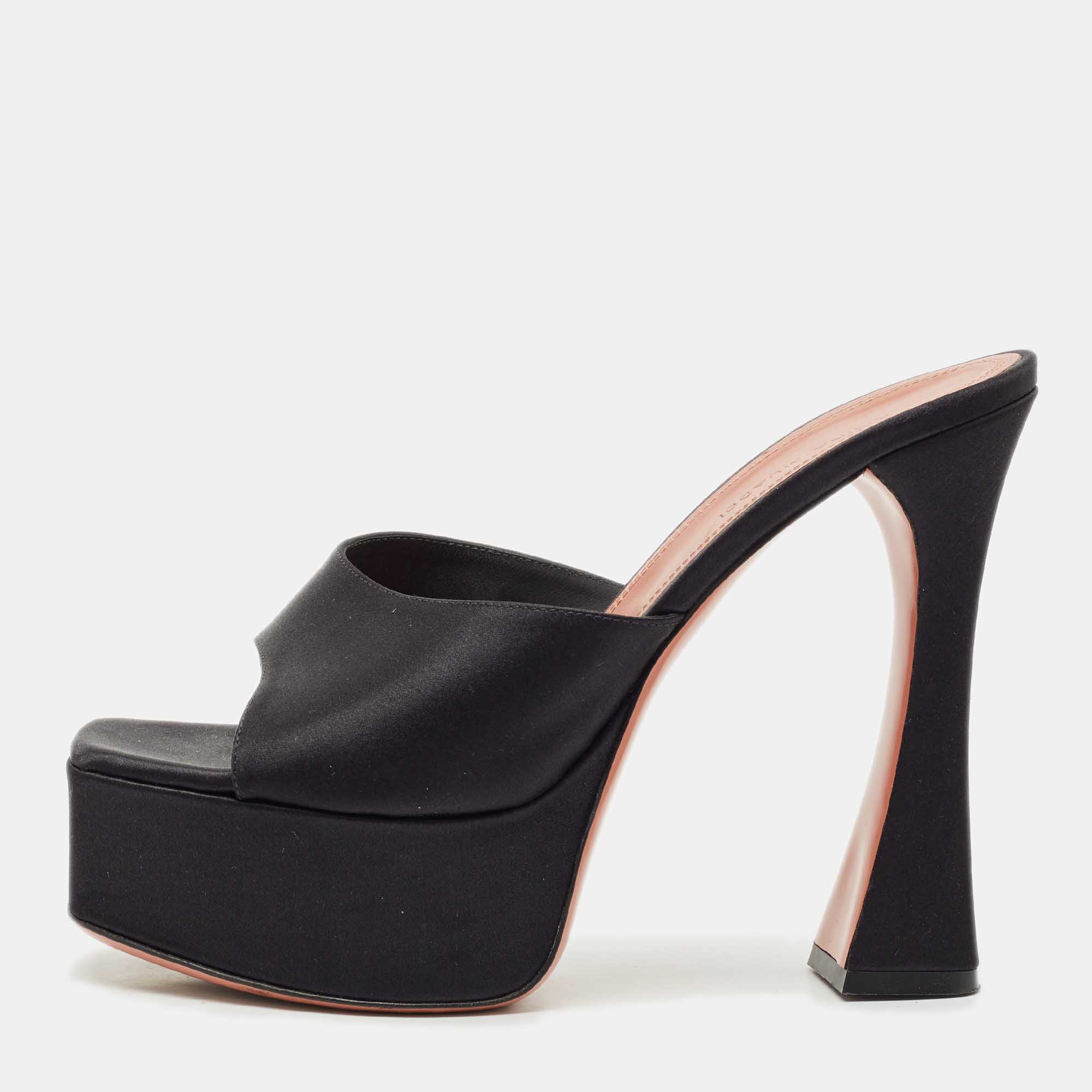 

Amina Muaddi Black Satin Dalida Platform Slide Sandals Size