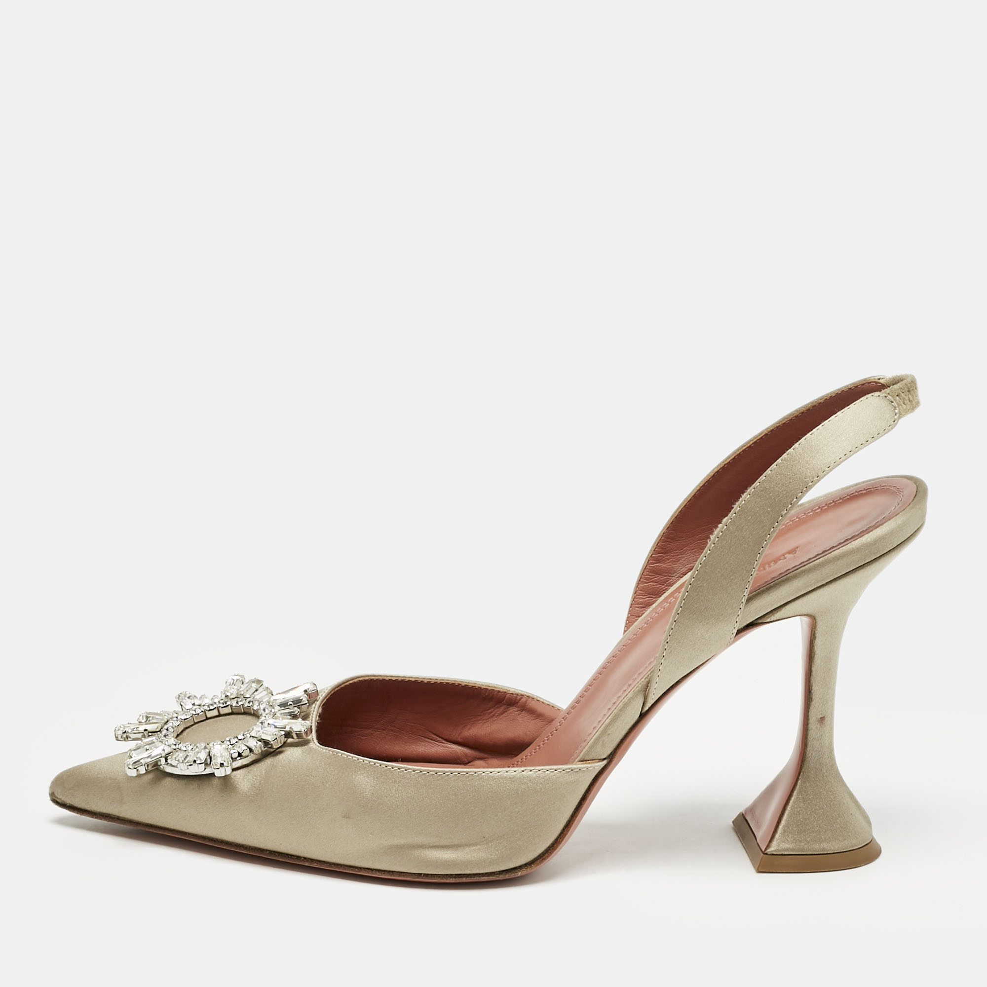 

Amina Muaddi Grey Satin Begum Crystal-Embellished Slingback Pumps Size