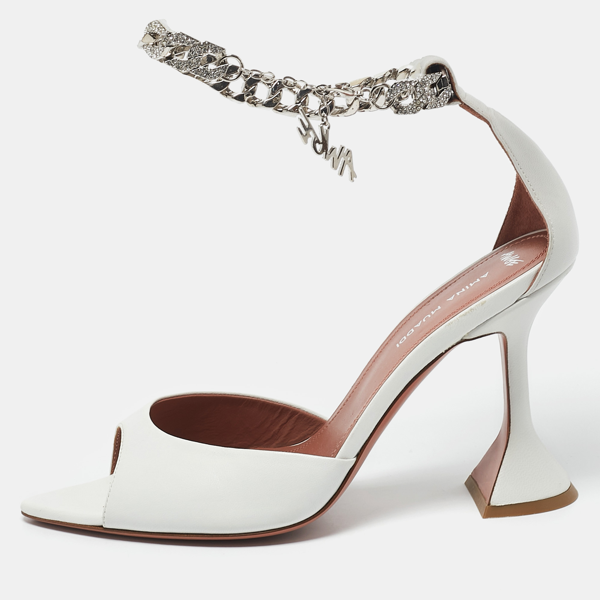 

Amina Muaddi x AWGE White Leather Flacko Chain Ankle Strap Sandals Size