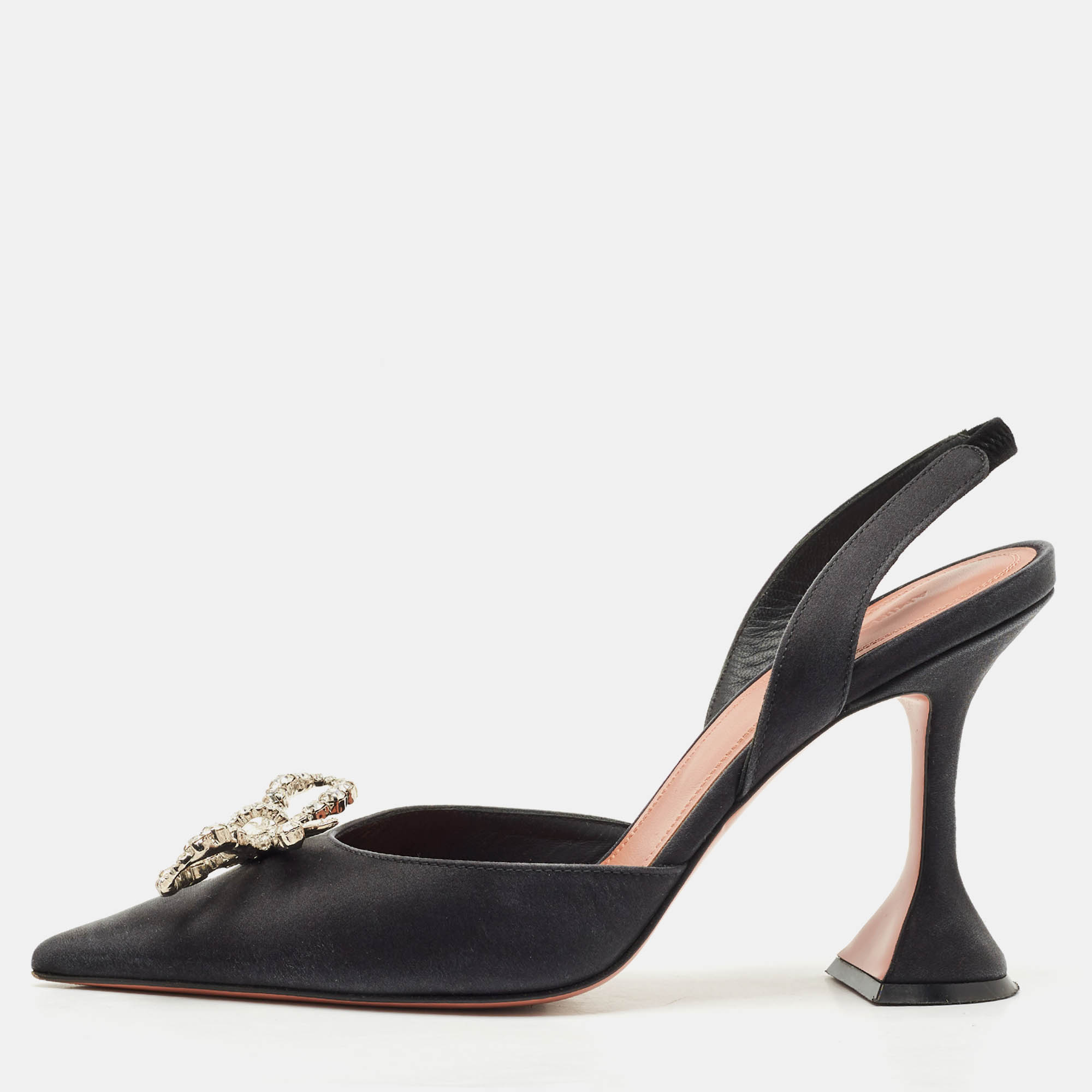 

Amina Muaddi Black Satin Begum Crystal-Embellished Slingback Pumps Size