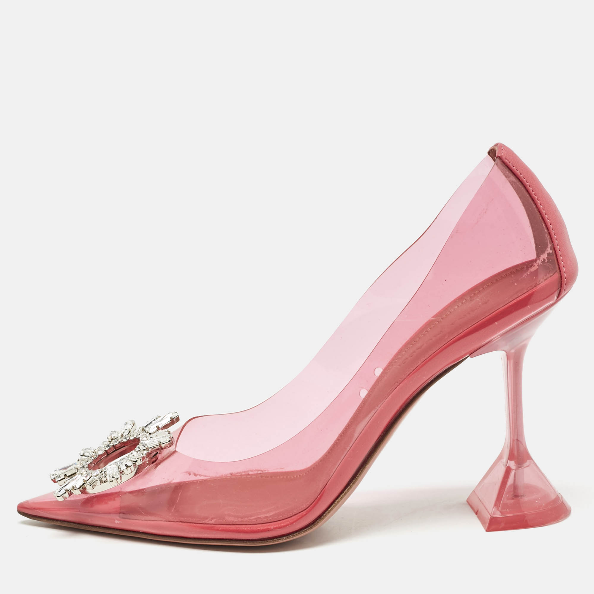 

Amina Muaddi Pink PVC Begum Crystal Embellished Pointed Toe Pumps Size