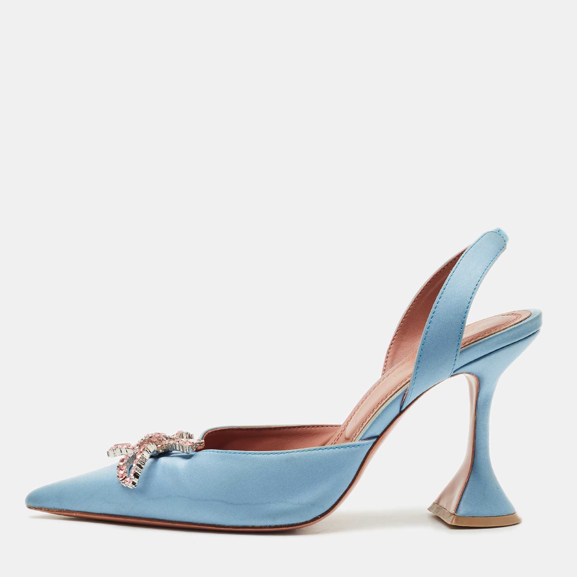 

Amina Muaddi Blue Satin Begum Crystal-Embellished Slingback Pumps Size