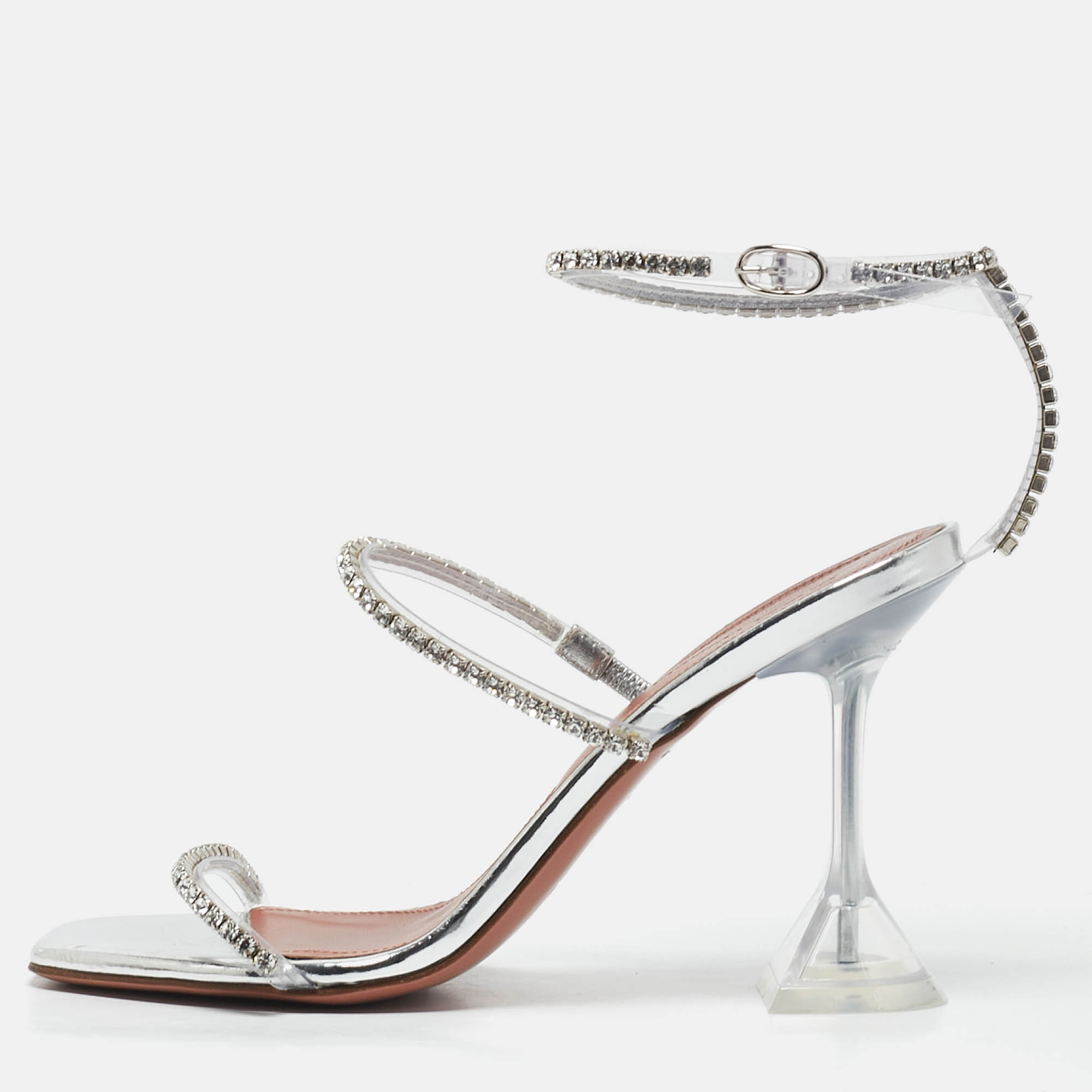 

Amina Muaddi Silver Leather Glid Ankle Strap Sandals Size