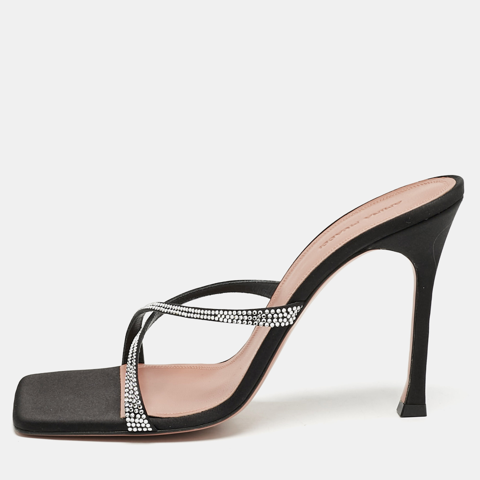 

Amina Muaddi Black Satin Crystal Embellished Crisscross Adriana Slide Sandals Size