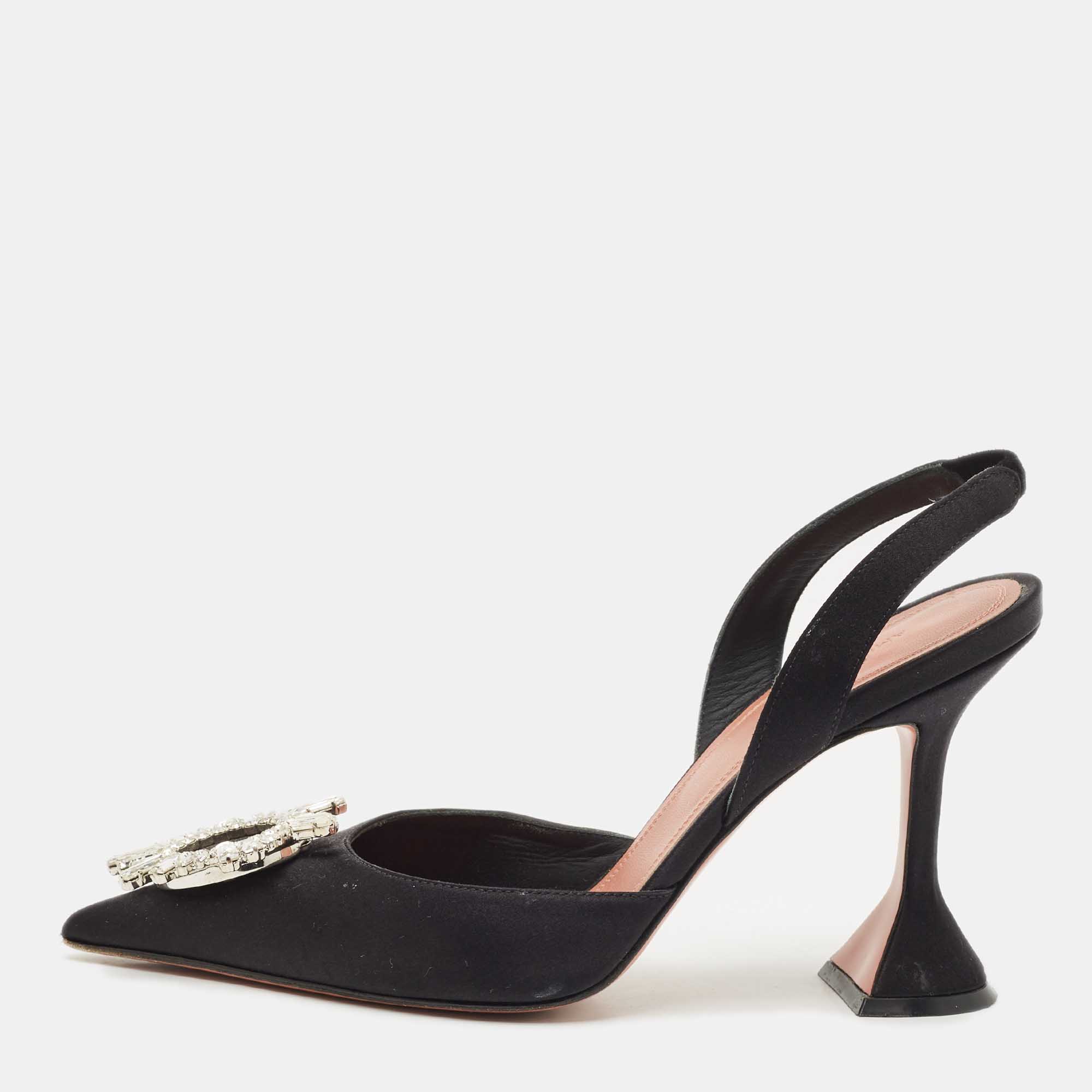 

Amina Muaddi Black Satin Begum Crystal-Embellished Slingback Pumps Size