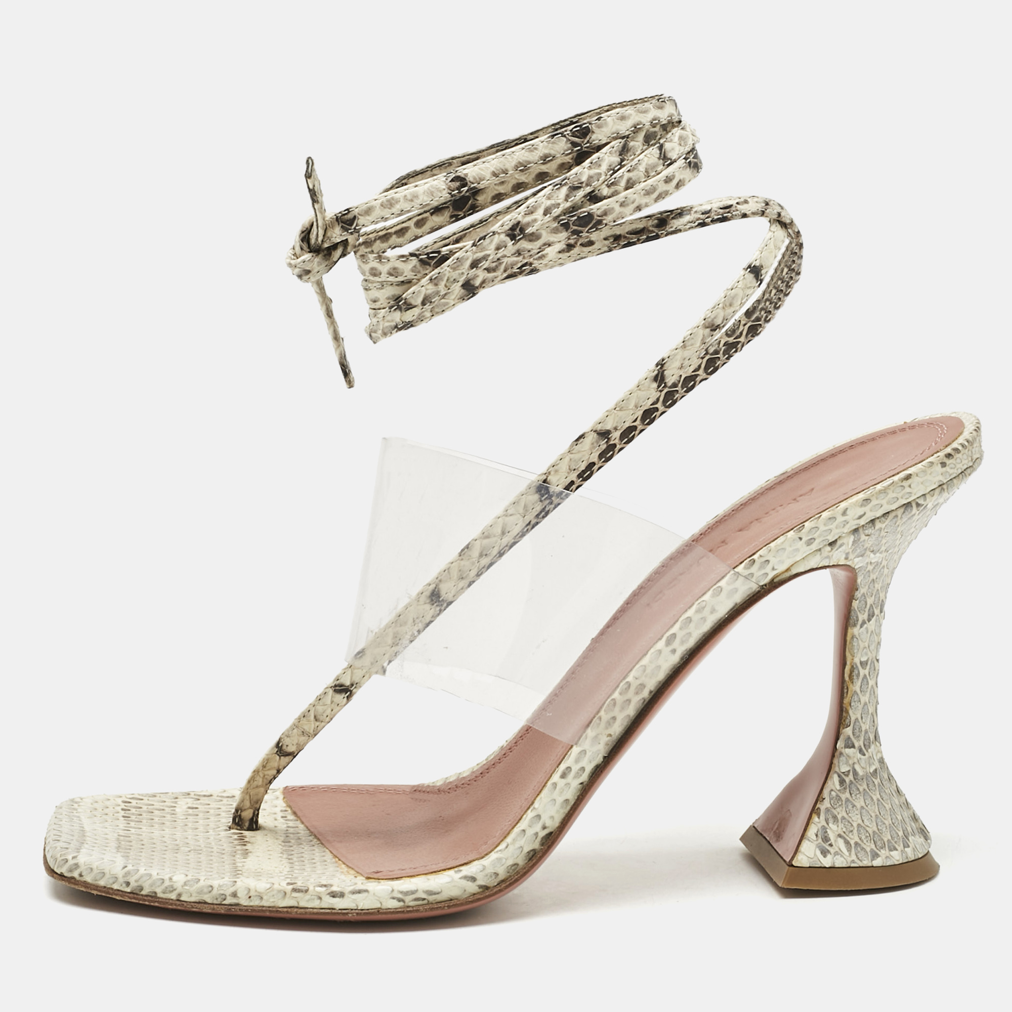 Pre-owned Amina Muaddi Cream/beige Water Snakes And Pvc Zula Sandals Size 37.5 In White