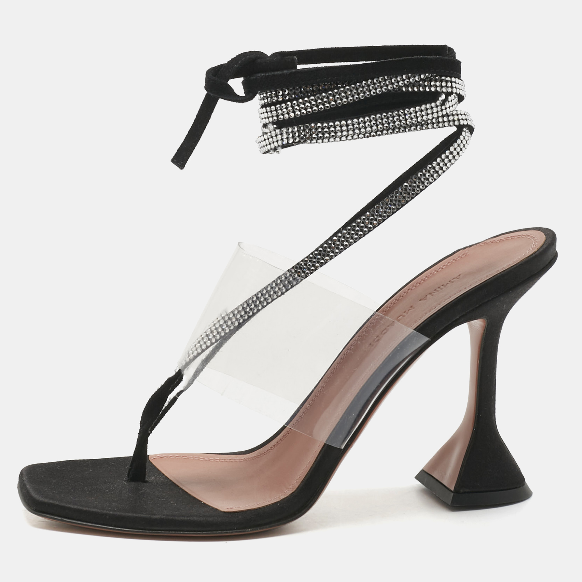 

Amina Muaddi Black Satin Zula Crystals Ankle Wrap Sandals Size