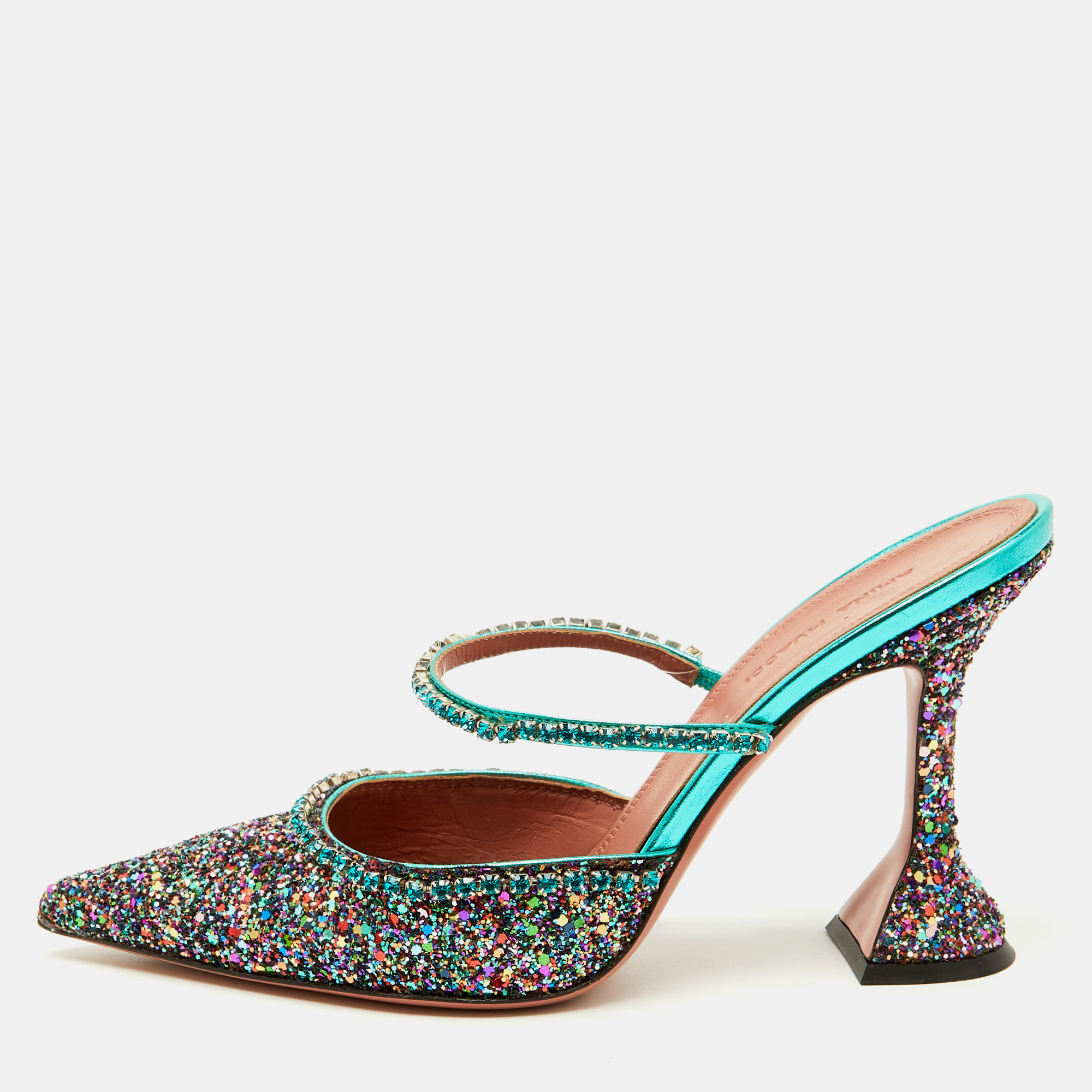 Pre-owned Amina Muaddi Multicolor Glitter Gilda Crystal Embellished Mules Size 38.5