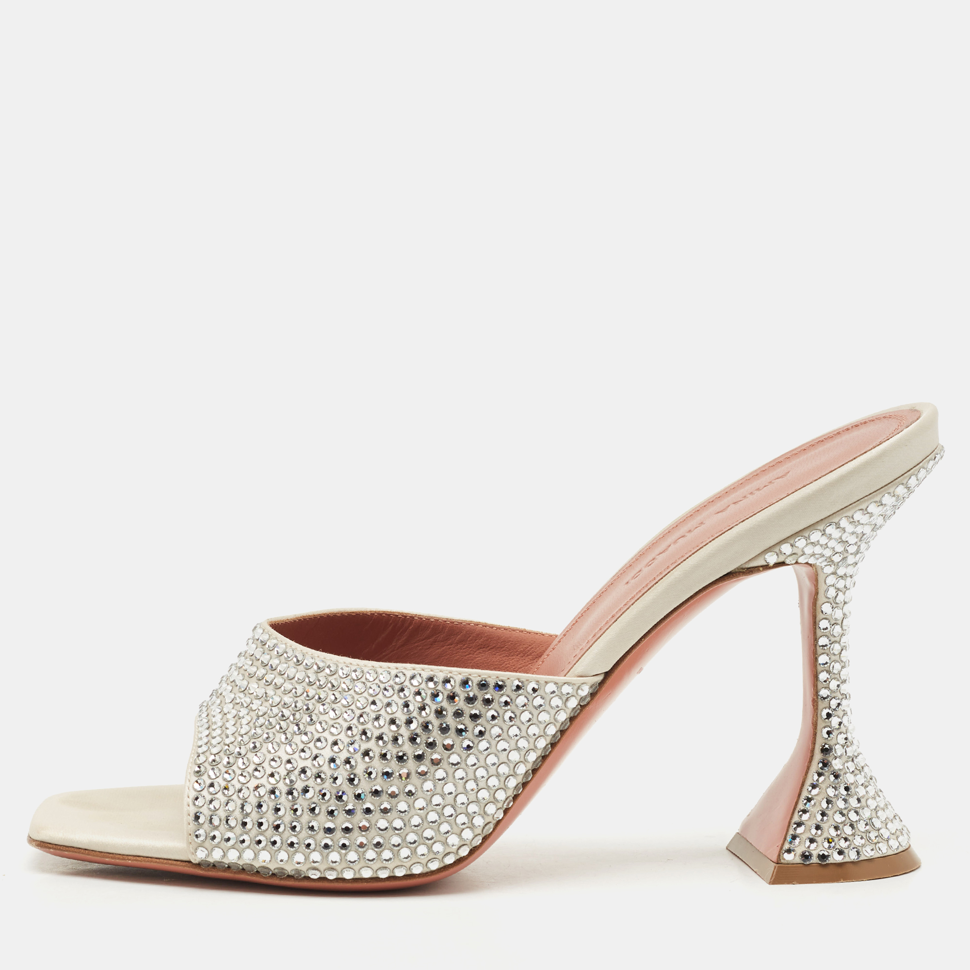 Pre-owned Amina Muaddi Sliver Satin Lupita Slide Sandals Size 37.5 In Gray