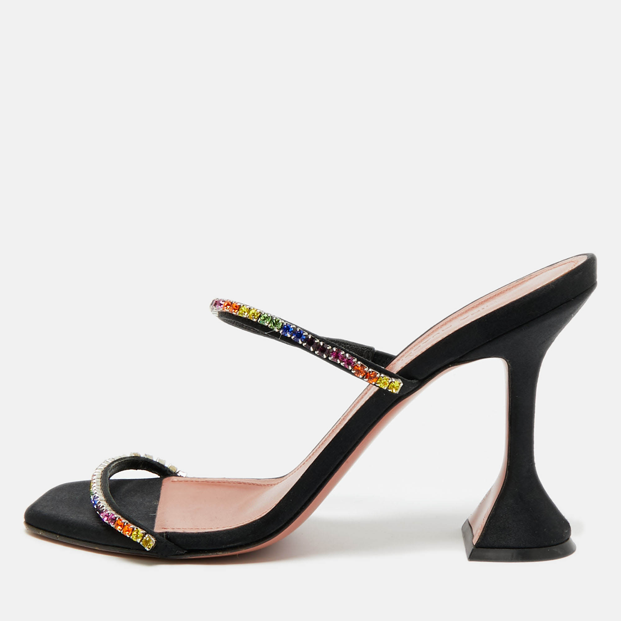 

Amina Muaddi Black Crystal Embellished Satin Glida Slide Sandals Size
