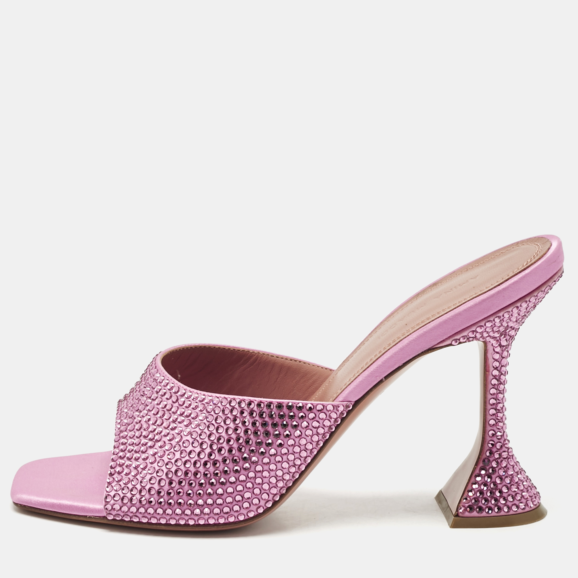 Amina Muaddi Pink Satin Crystal Embellished Lupita Slide Sandals Size 38