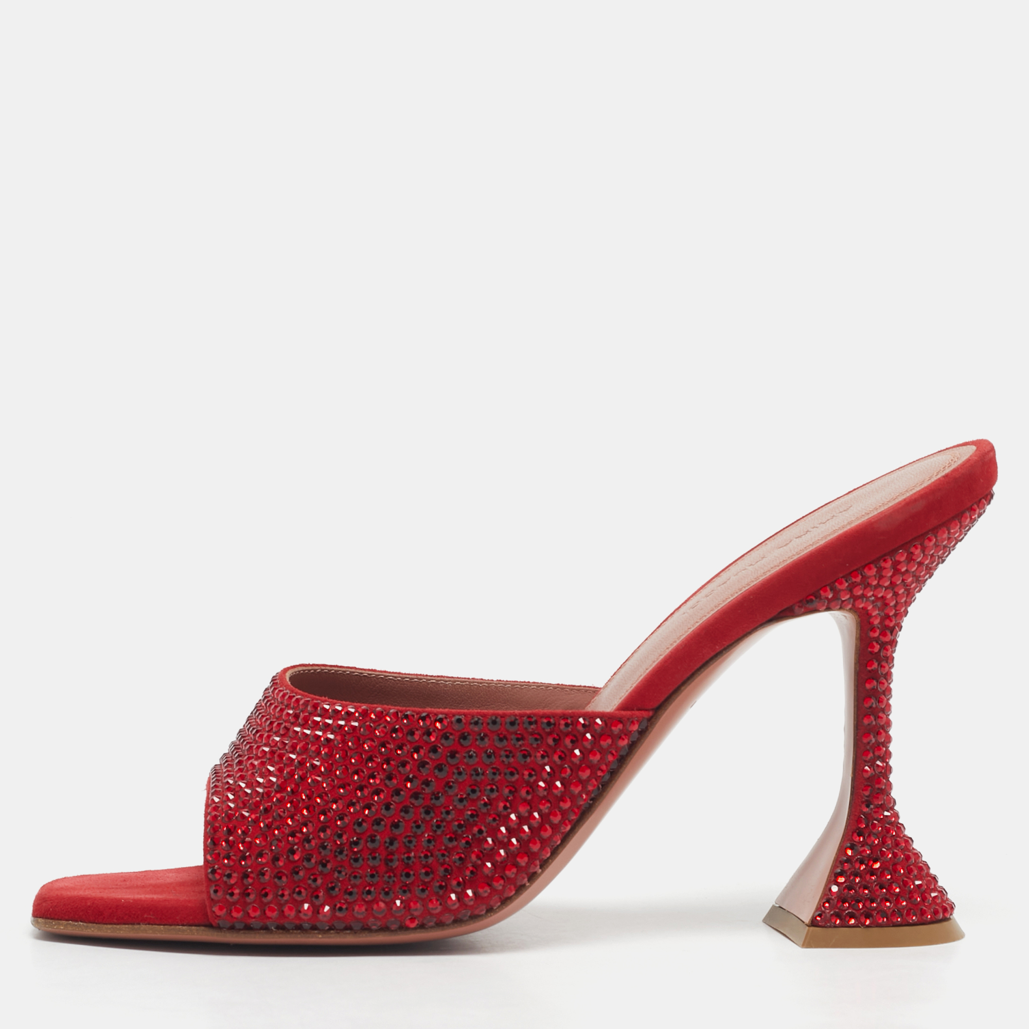 Pre-owned Amina Muaddi Red Suede Crystal Embellished Lupita Slide Sandals Size 38