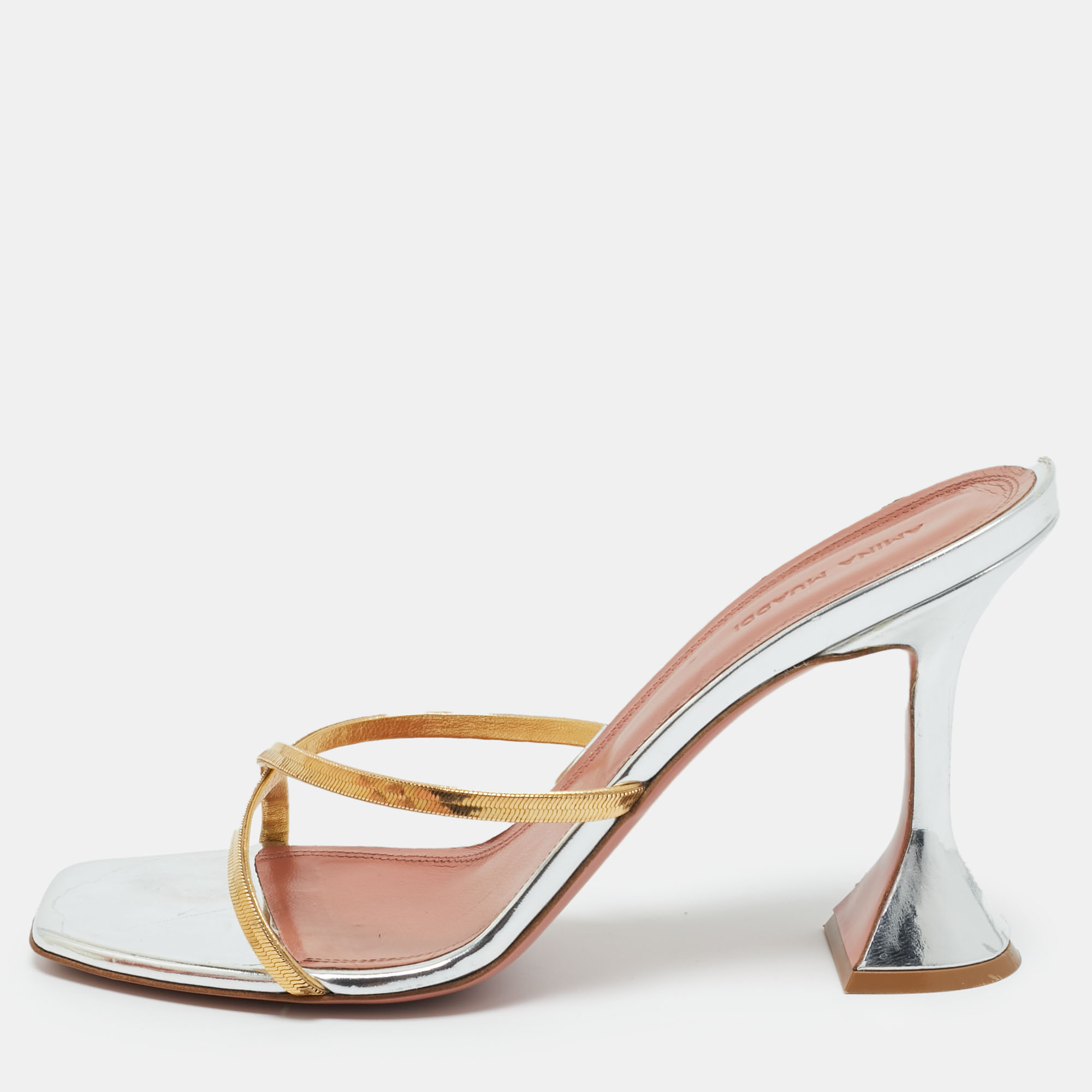 

Amina Muaddi Gold/Silver Metal Henson Slide Sandals Size