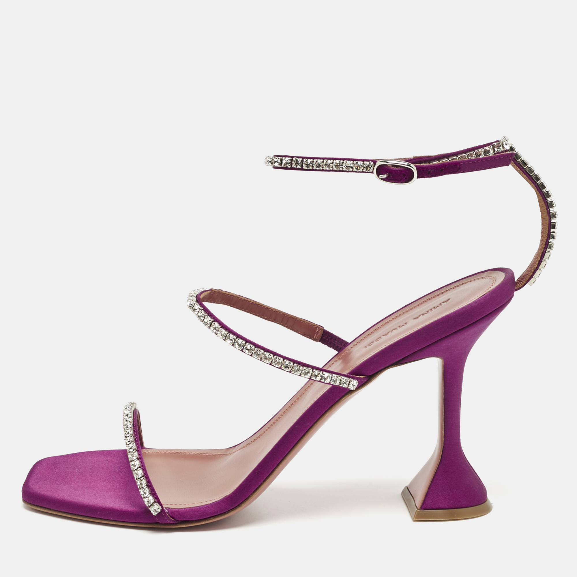 Pre-owned Amina Muaddi Purple Satin Gilda Ankle Strap Sandals Size 41