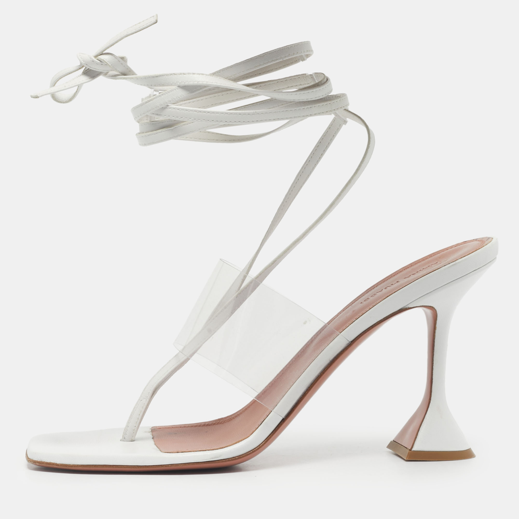 Pre-owned Amina Muaddi White Leather And Pvc Zula Ankle Strap Sandals Size 42