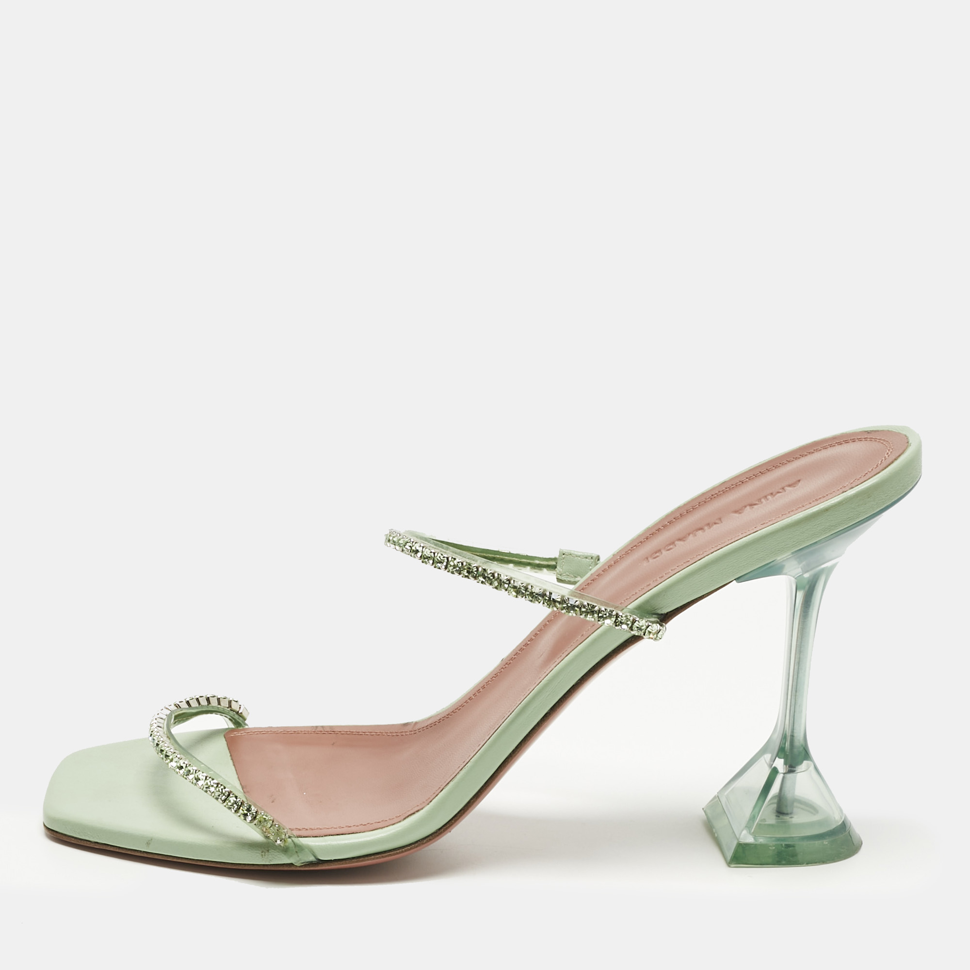 Pre-owned Amina Muaddi Mint Green Pvc Crystal Embellished Gilda Slide Sandals Size 41
