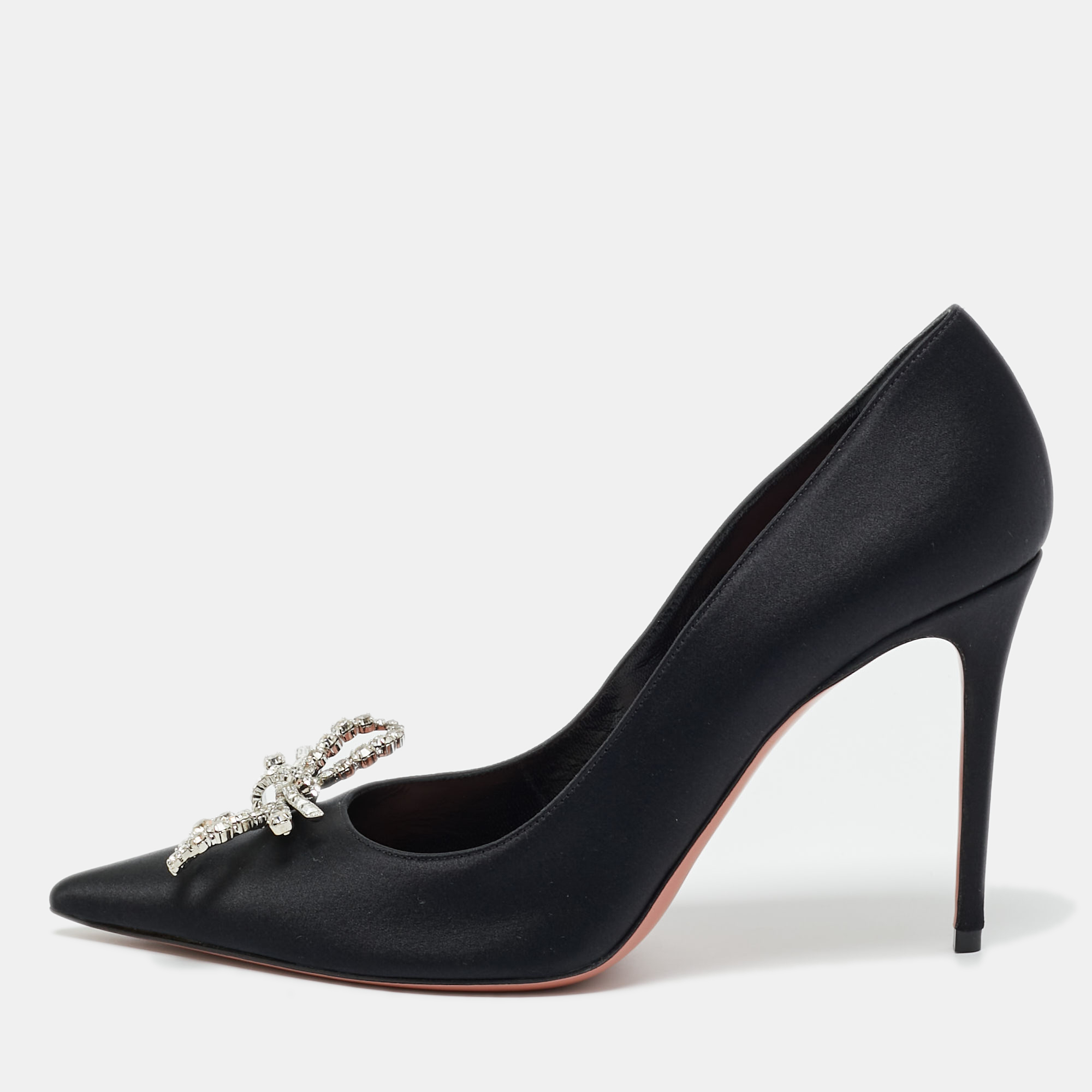 

Amina Muaddi Black Satin Crystal Embellished Rosie Pumps Size