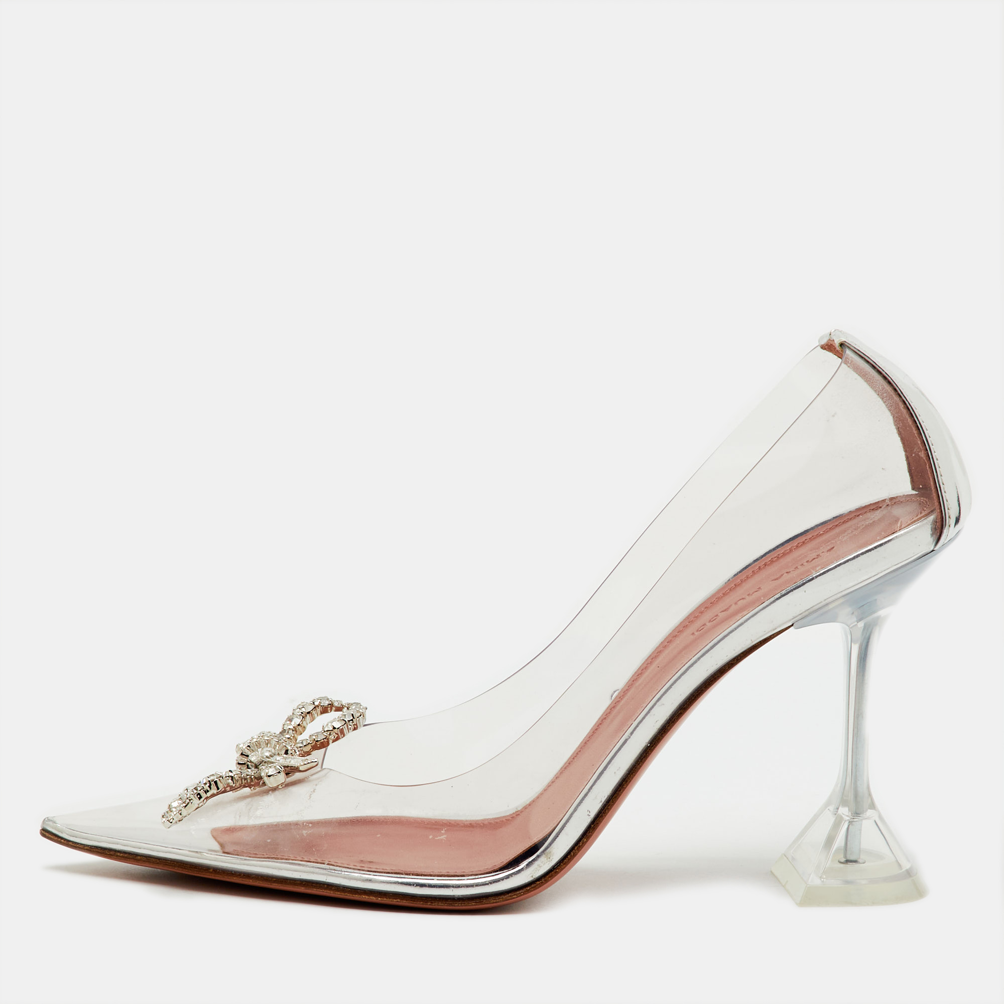 Pre-owned Amina Muaddi Transparent/silver Pvc And Leather Rosie Pointed Toe Pumps Size 39