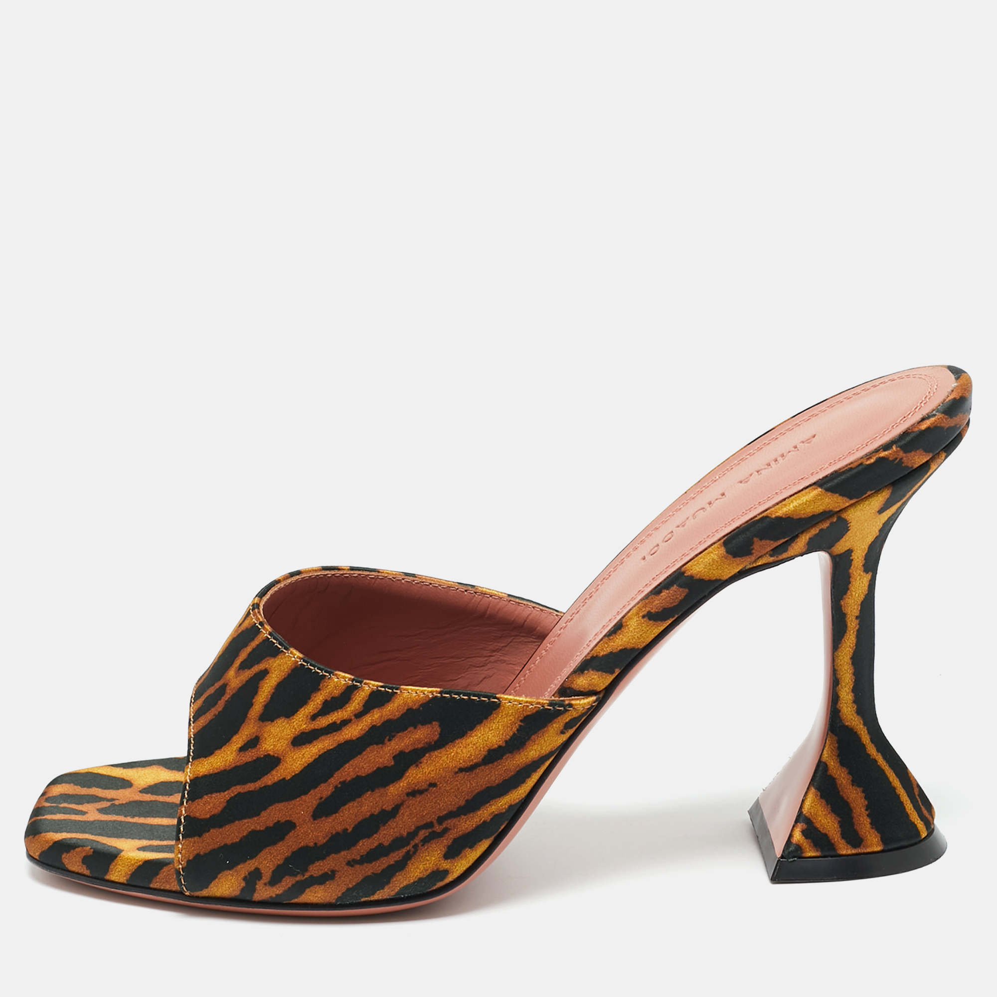 Pre-owned Amina Muaddi Two Tone Leopard Print Satin Lupita Slide Sandals Size 37.5 In Black