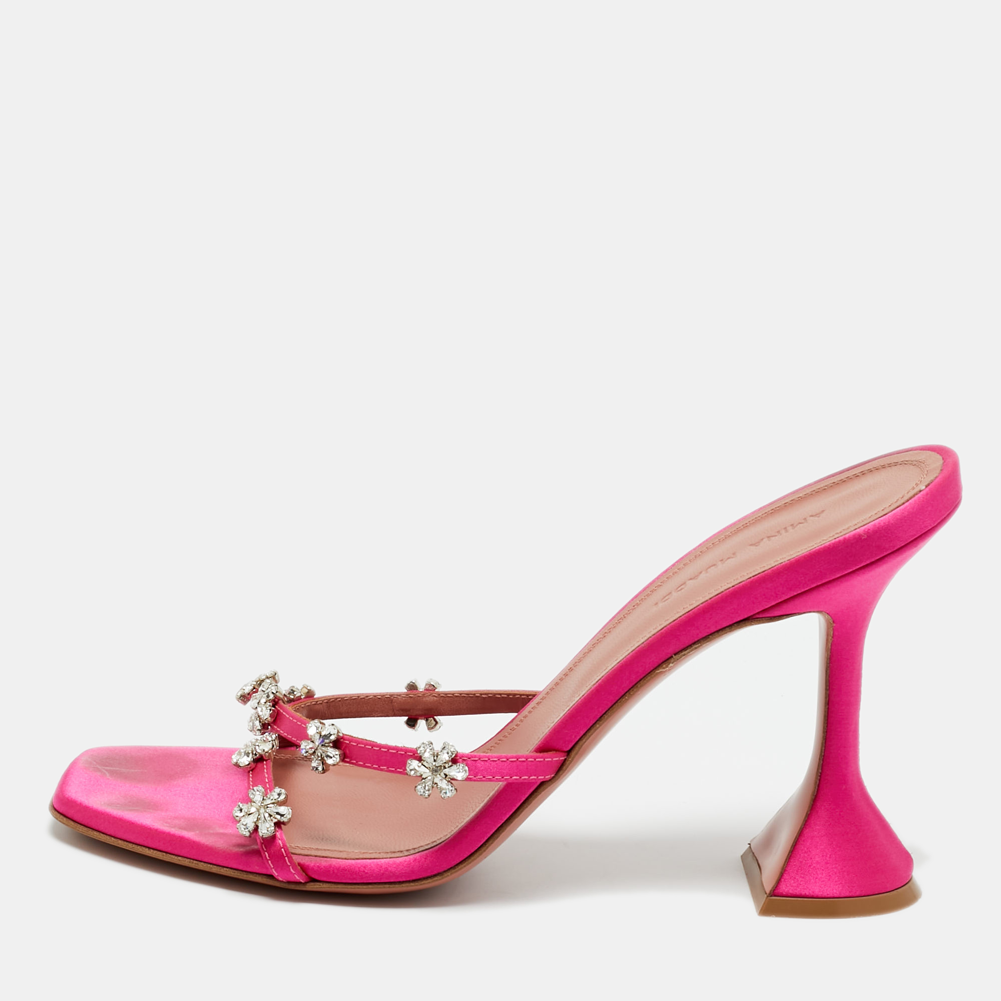 Pre-owned Amina Muaddi Pink Satin Lily Slide Sandals Size 37.5