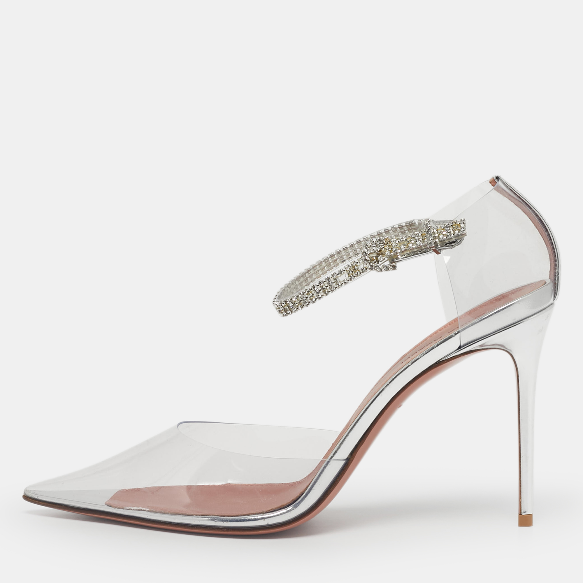 

Amina Muaddi Silver Patent Leather and PVC Ursina Pumps Size