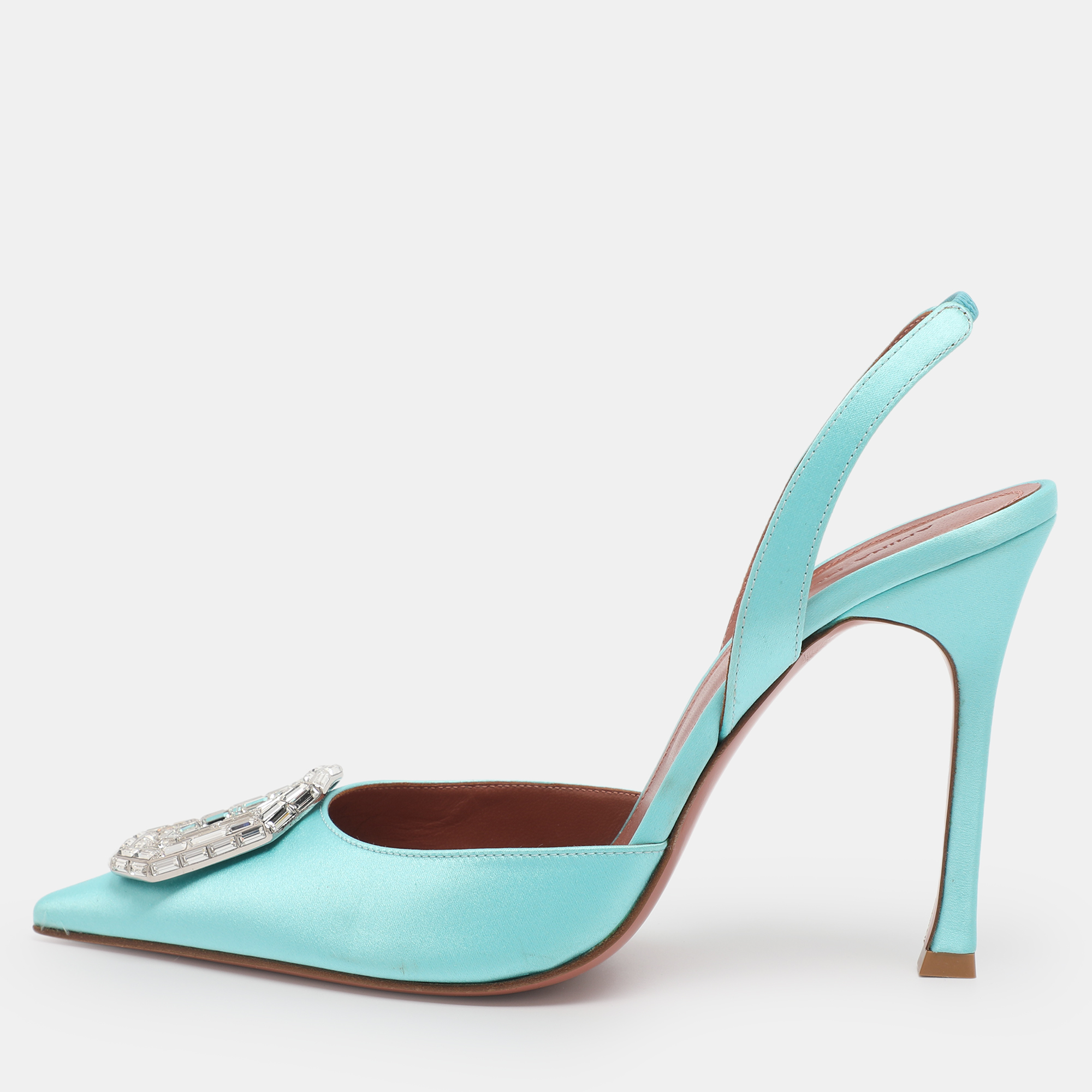 Pre-owned Amina Muaddi Turquoise Satin Camelia Crystal Embellished Pointed Toe Slingback Pumps Size 39.5 In Blue