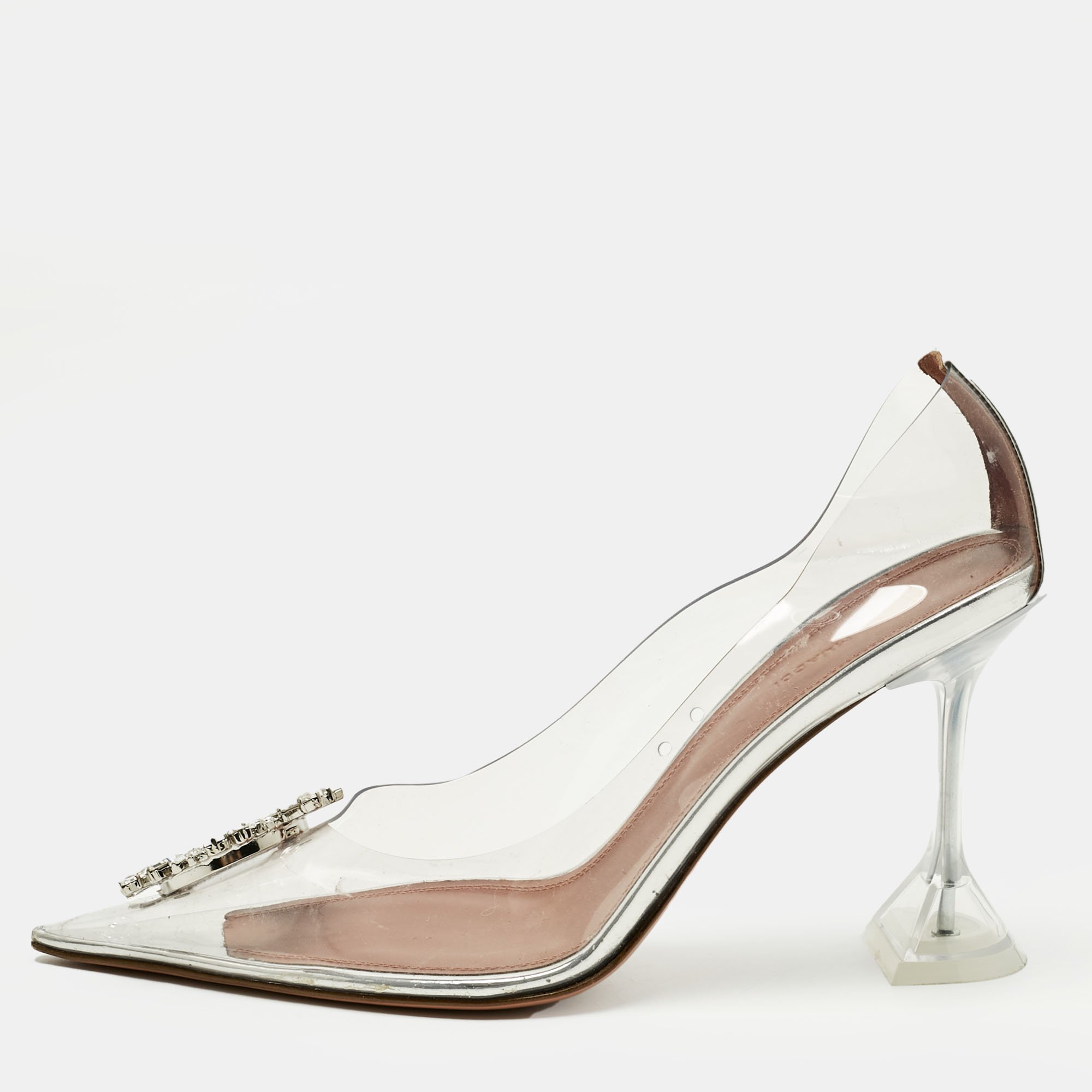 Pre-owned Amina Muaddi Transparent/silver Pvc And Leather Rosie Pointed Toe Pumps Size 41