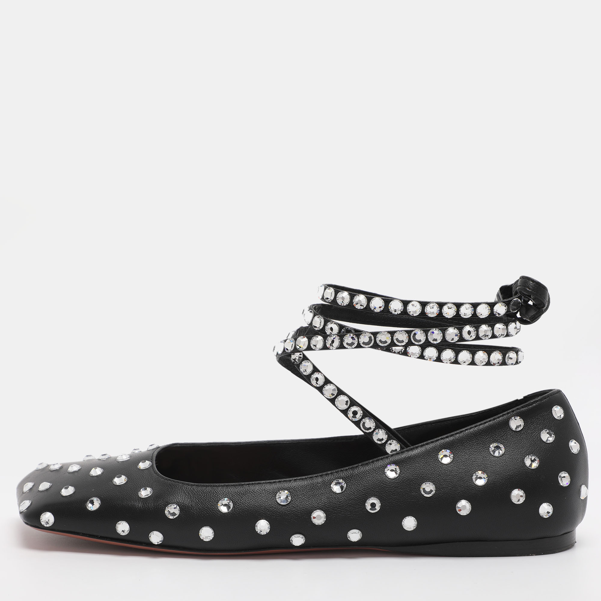 Pre-owned Amina Muaddi Black Leather Ane Crystal Embellished Ankle Wrap Ballet Flats Size 38