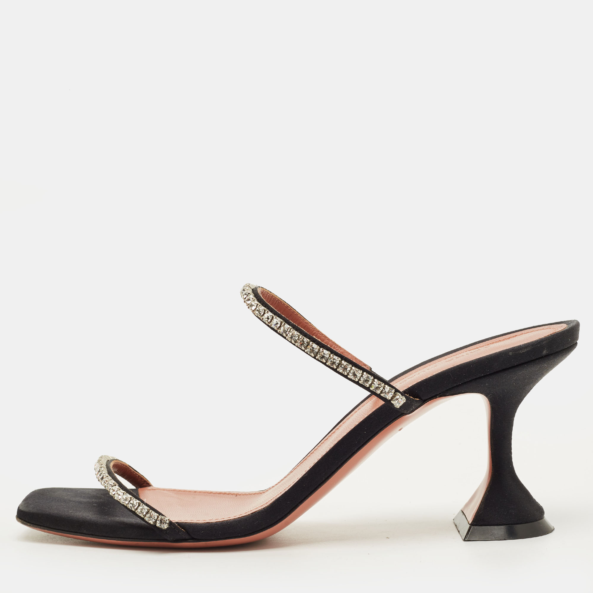 

Amina Muaddi Gilda Size  Black Satin Crystal Embellished Slide Sandals
