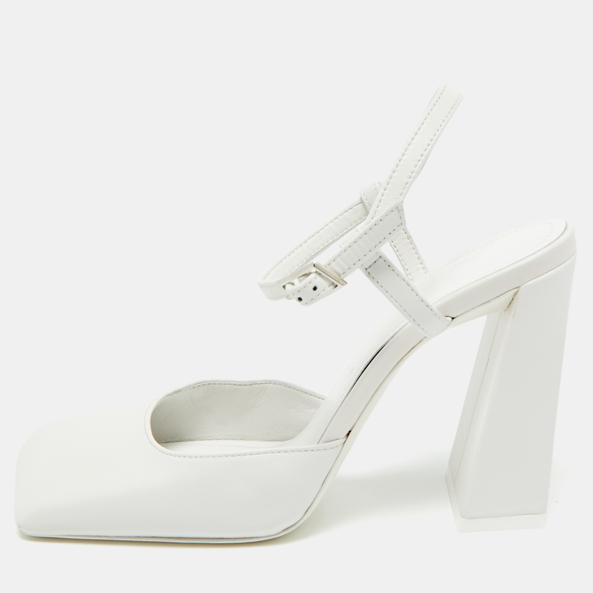 Pre-owned Amina Muaddi Charlotte 95 Size 35 White Leather Ankle Strap Pumps