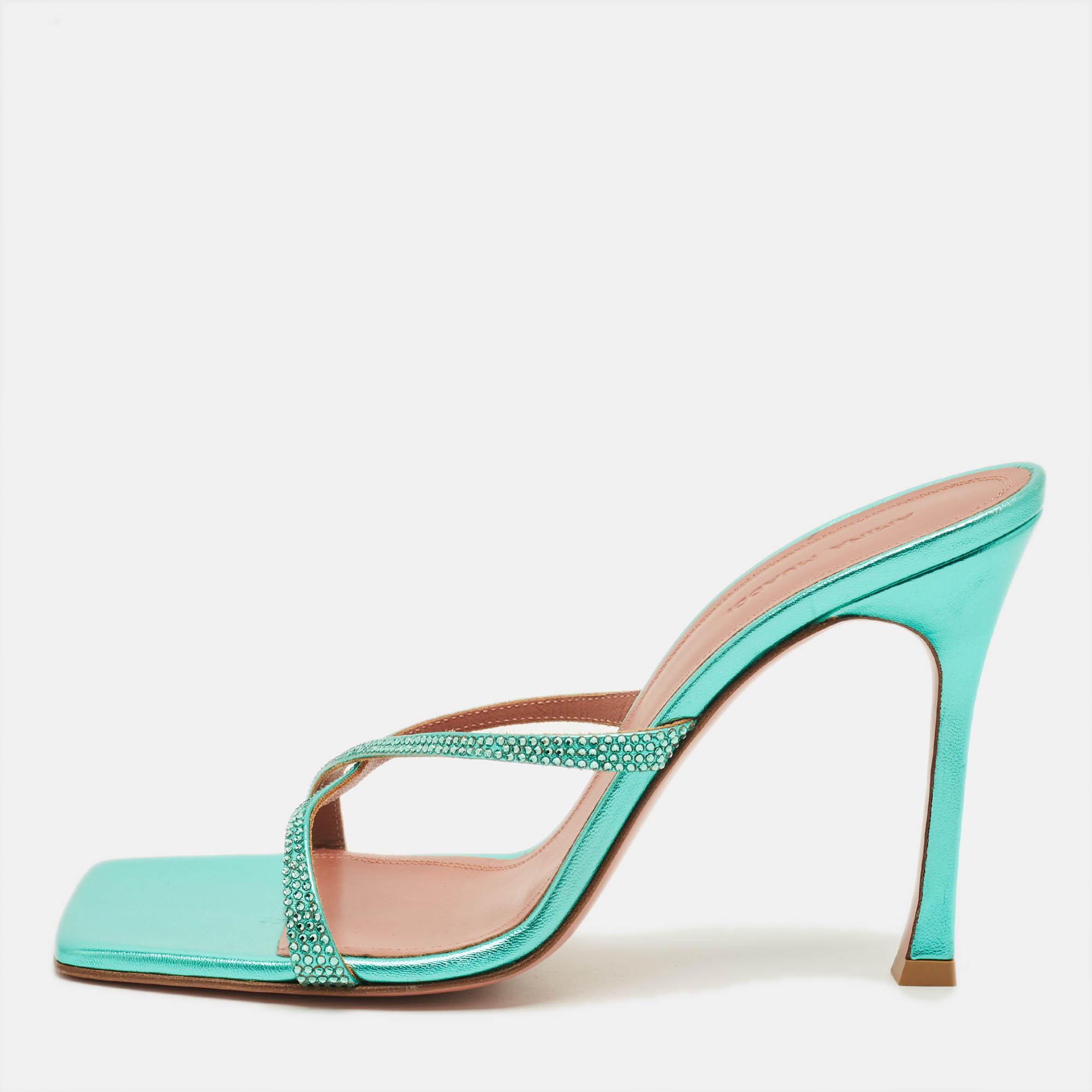 

Amina Muaddi Adriana Crystal Embellished Size  Green Leather Slide Sandals
