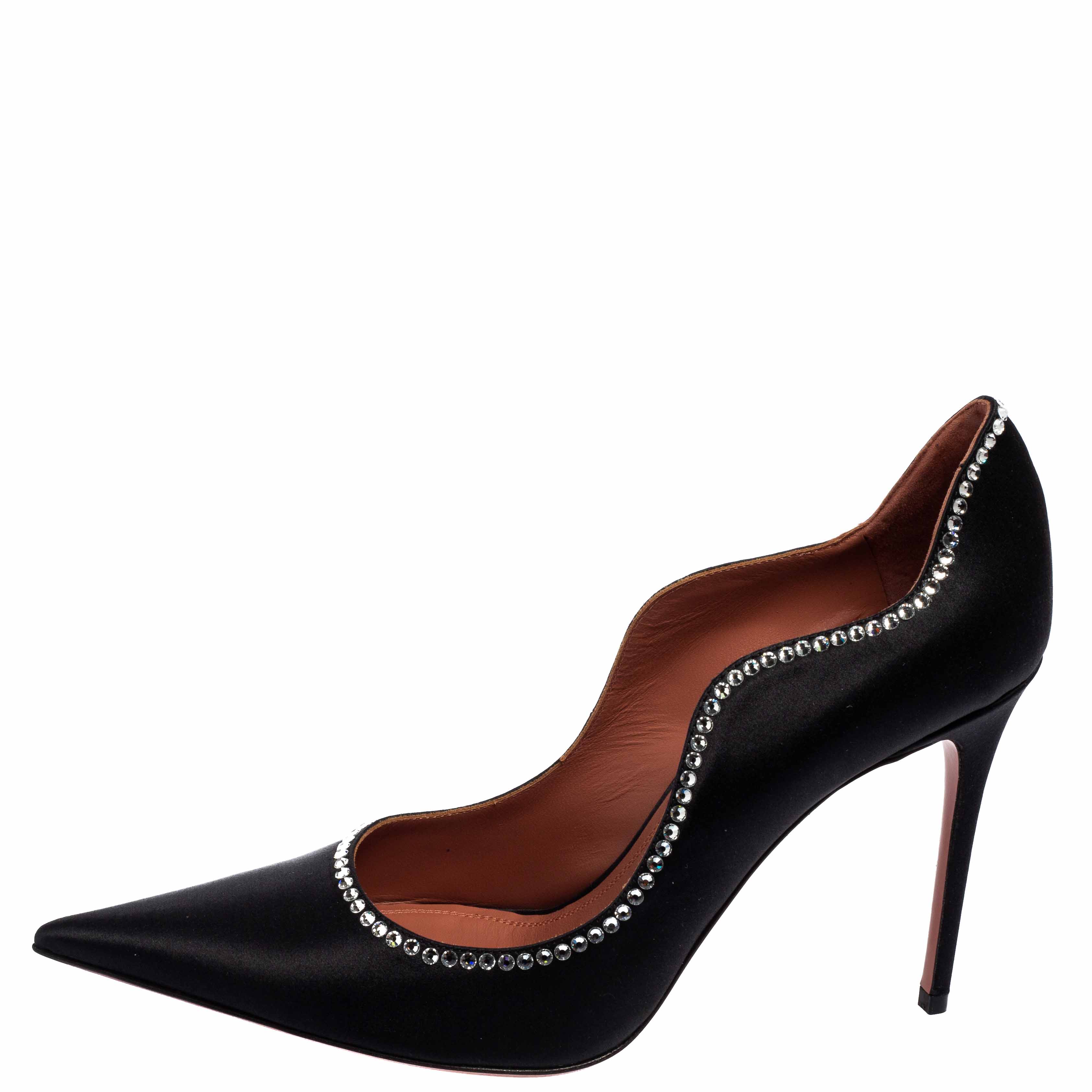 

Amina Muaddi Black Satin Romy Crystal-Embellished Pointed-Toe Pumps Size