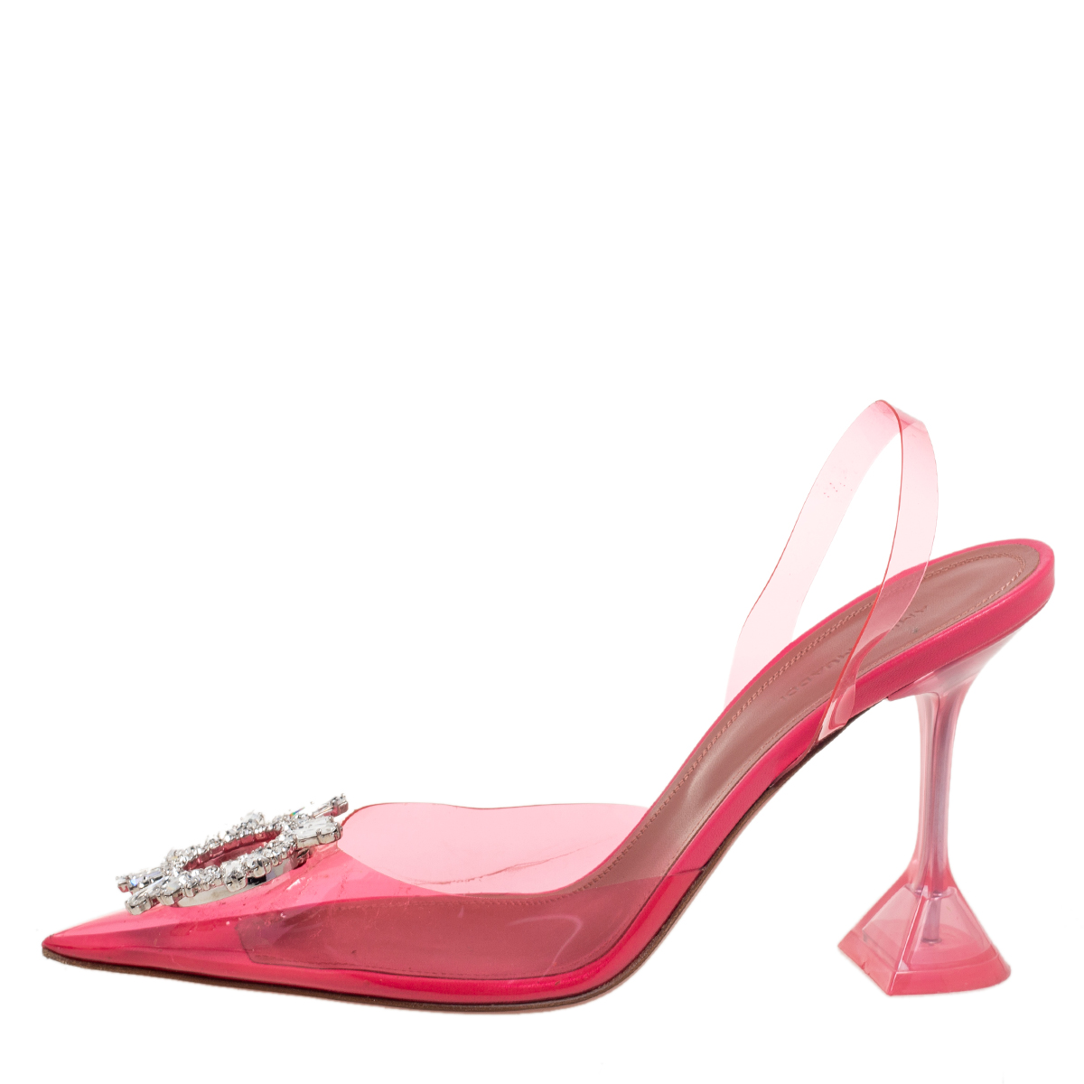 

Amina Muaddi Pink PVC Begum Crystal Embellished Slingback Pumps